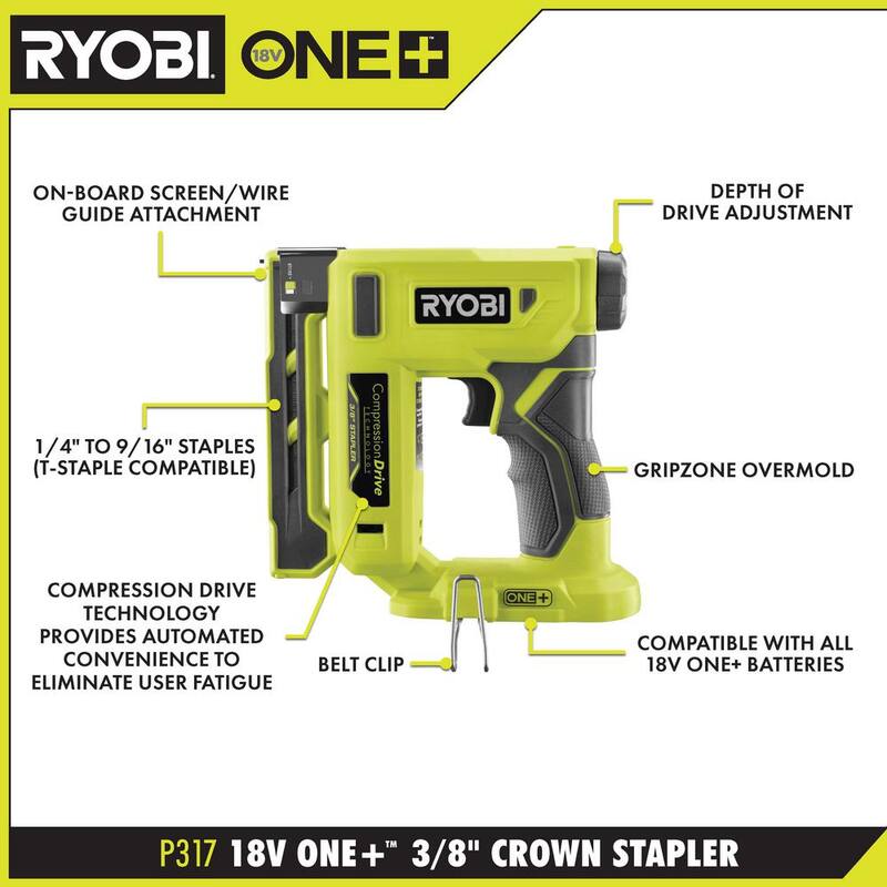 Clavadora inalámbrica RYOBI ONE+ 18V calibre 18 con tecnología de Compresión Inalámbrica y Grapadora de Corona de 3/8 pulgadas (Herramientas únicamente) - P321-P317.