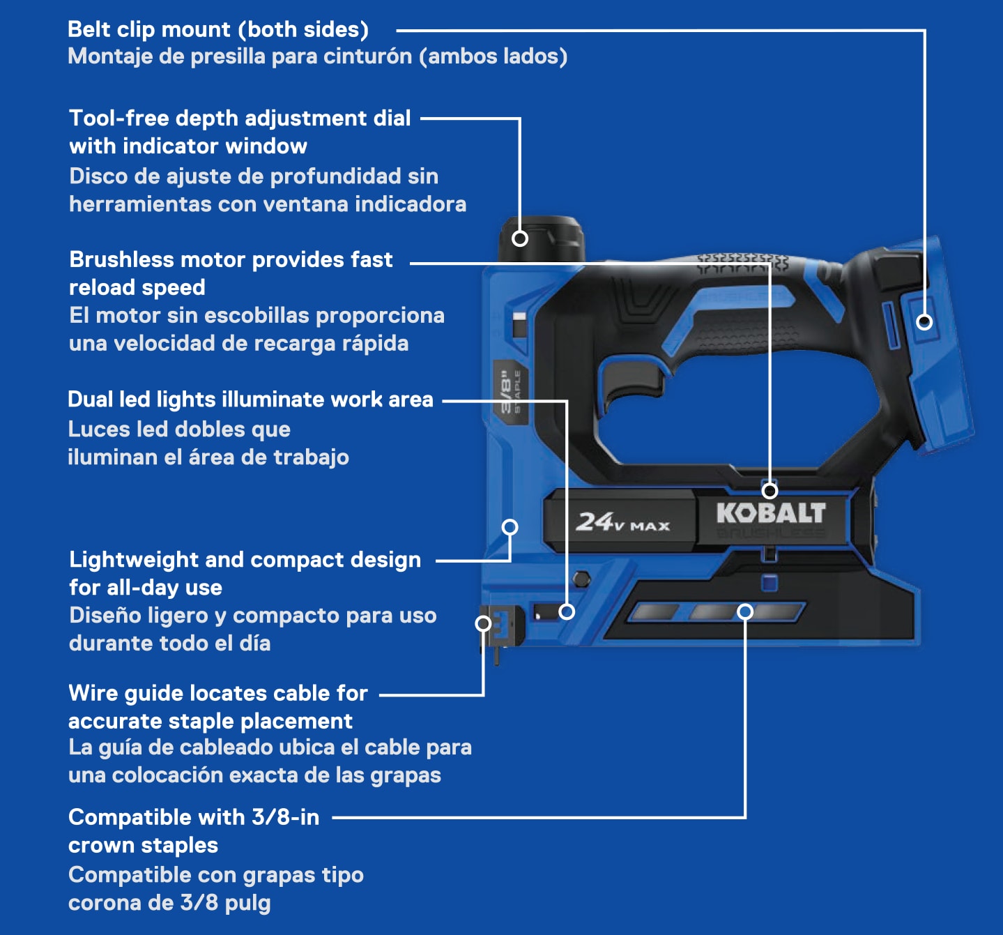 Grampadora de remate de corona mediana de calibre 20 Kobalt XTR (Batería y cargador no incluidos) KXST 124B-03.