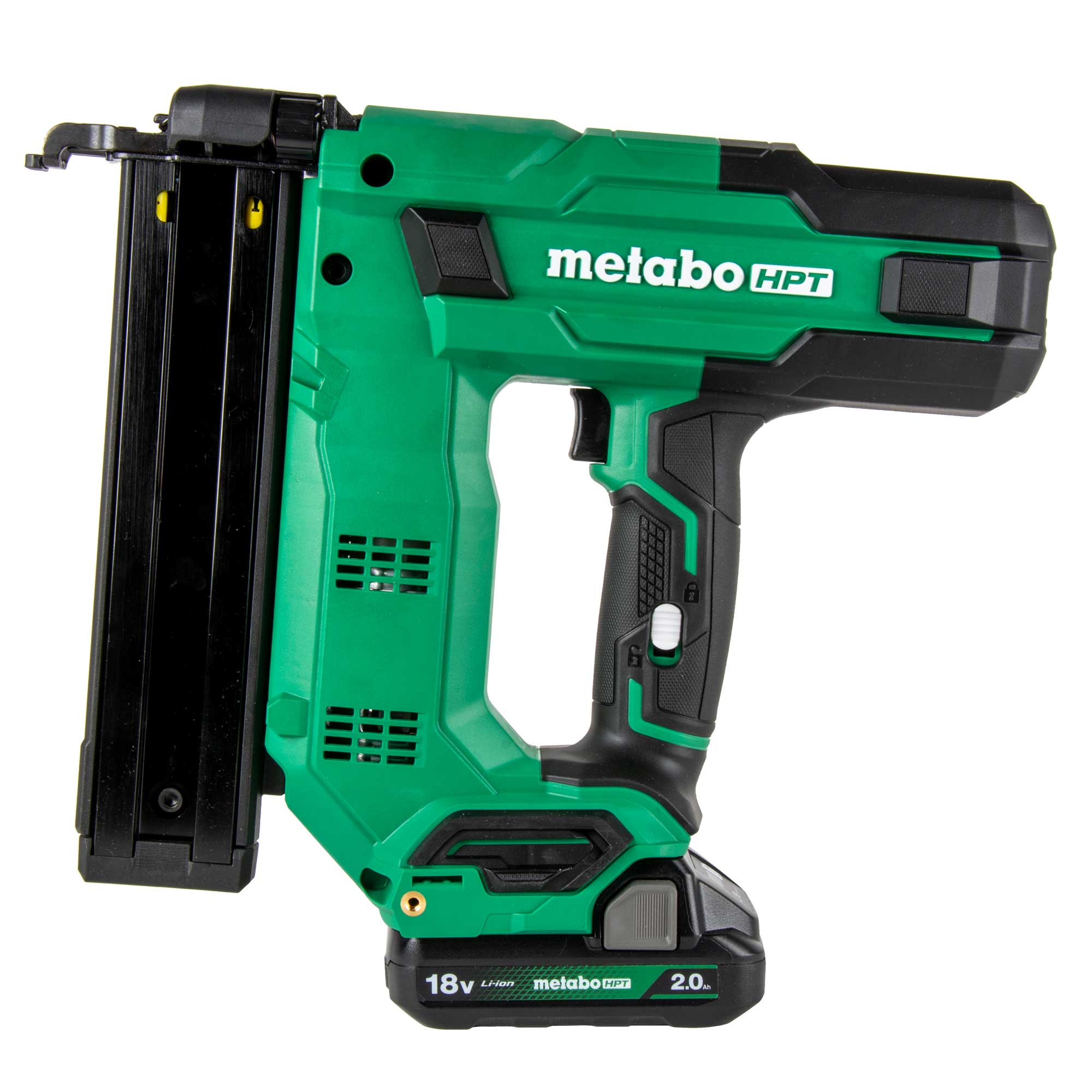 Clavadora metálica para acabados de corona estrecha de calibre 18 Metabo HPT MultiVolt 1 y 1/2 pulgadas (Batería y cargador incluidos) N1804DBM