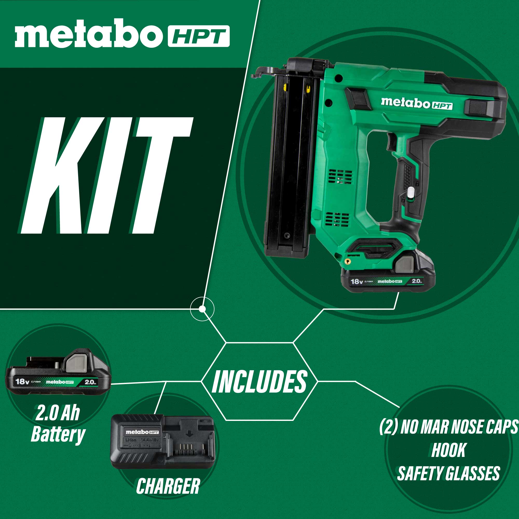 Clavadora metálica para acabados de corona estrecha de calibre 18 Metabo HPT MultiVolt 1 y 1/2 pulgadas (Batería y cargador incluidos) N1804DBM