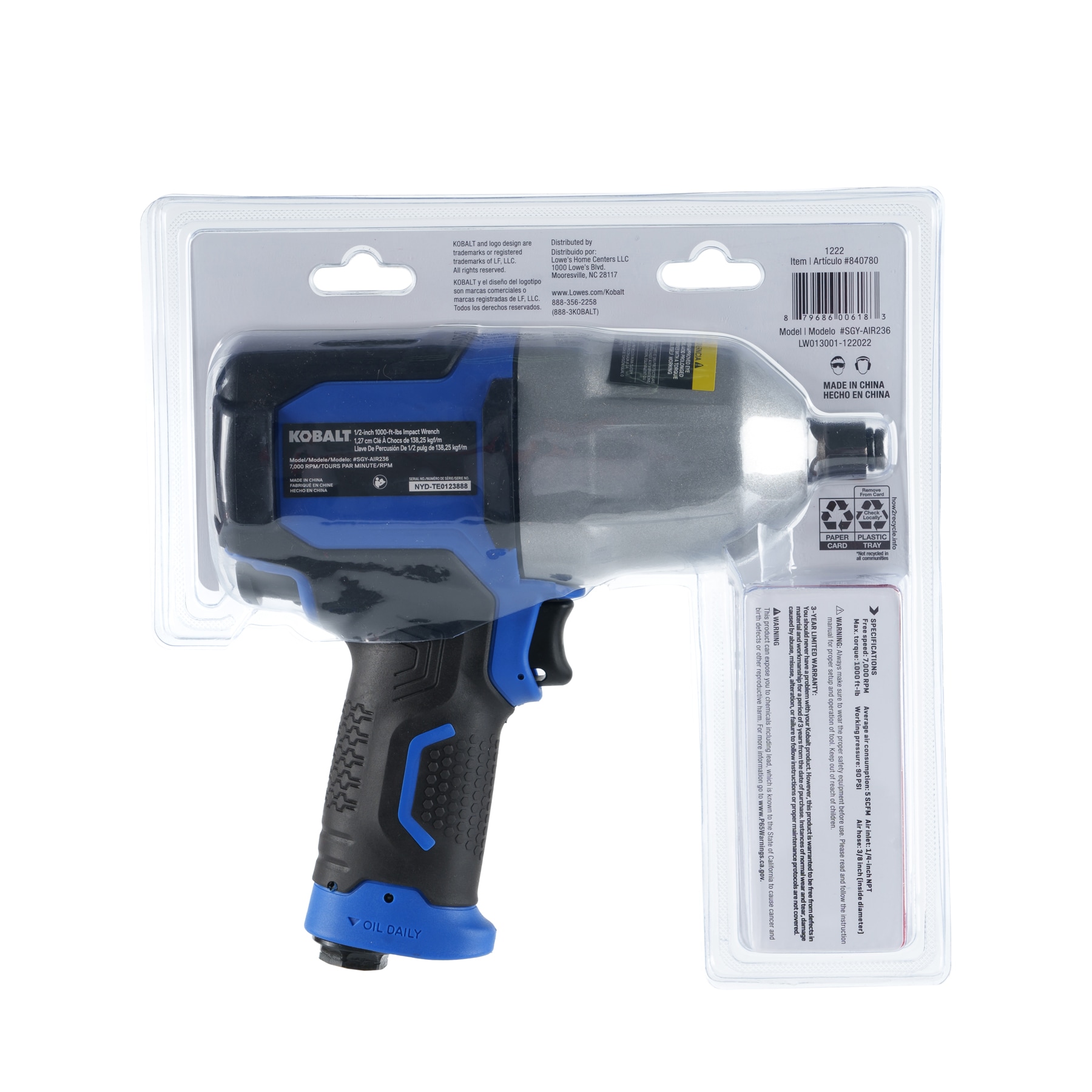 Llave de impacto de aire de 0.5 pulgadas con 1000 pies/libras Kobalt SGY-AIR236