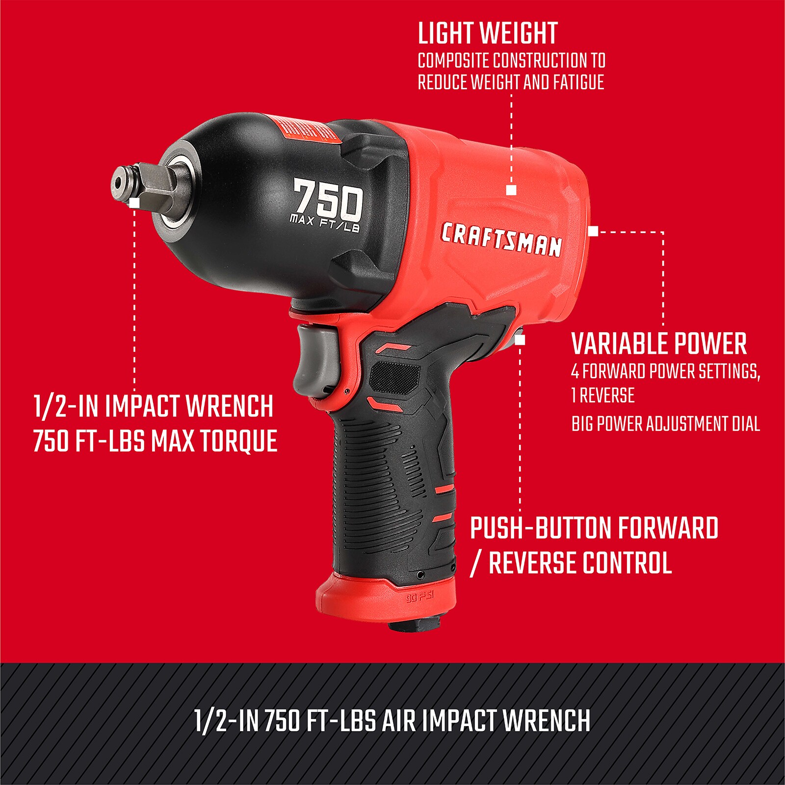 Llave de impacto de aire CRAFTSMAN de 0.5 pulgadas y 750 pies/libras