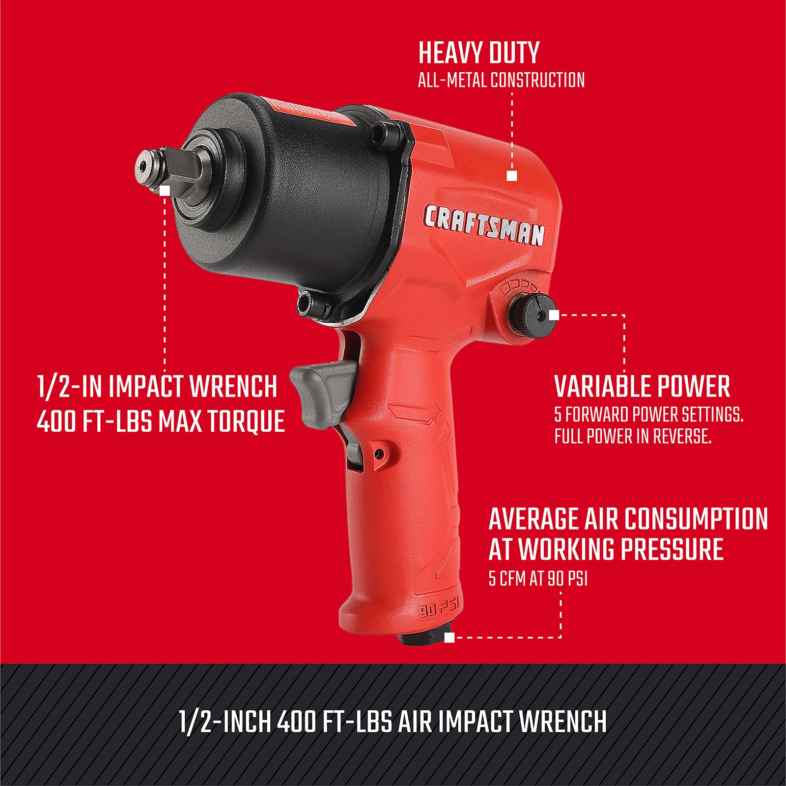 Llave de impacto de aire de 0.5 pulgadas y 400 pies/libra de CRAFTSMAN CMXPTSG1004NB