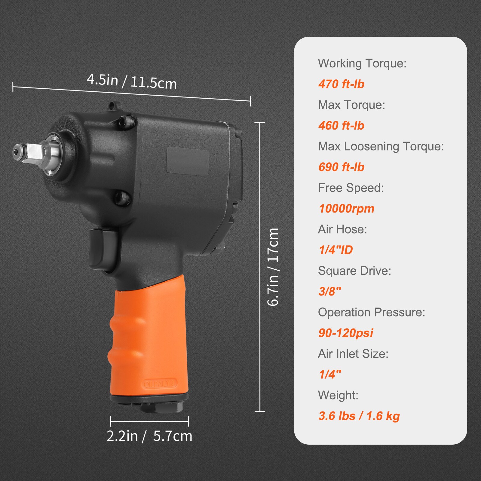 Llave de impacto neumática de 0.375 pulgadas y 690 pies/libras