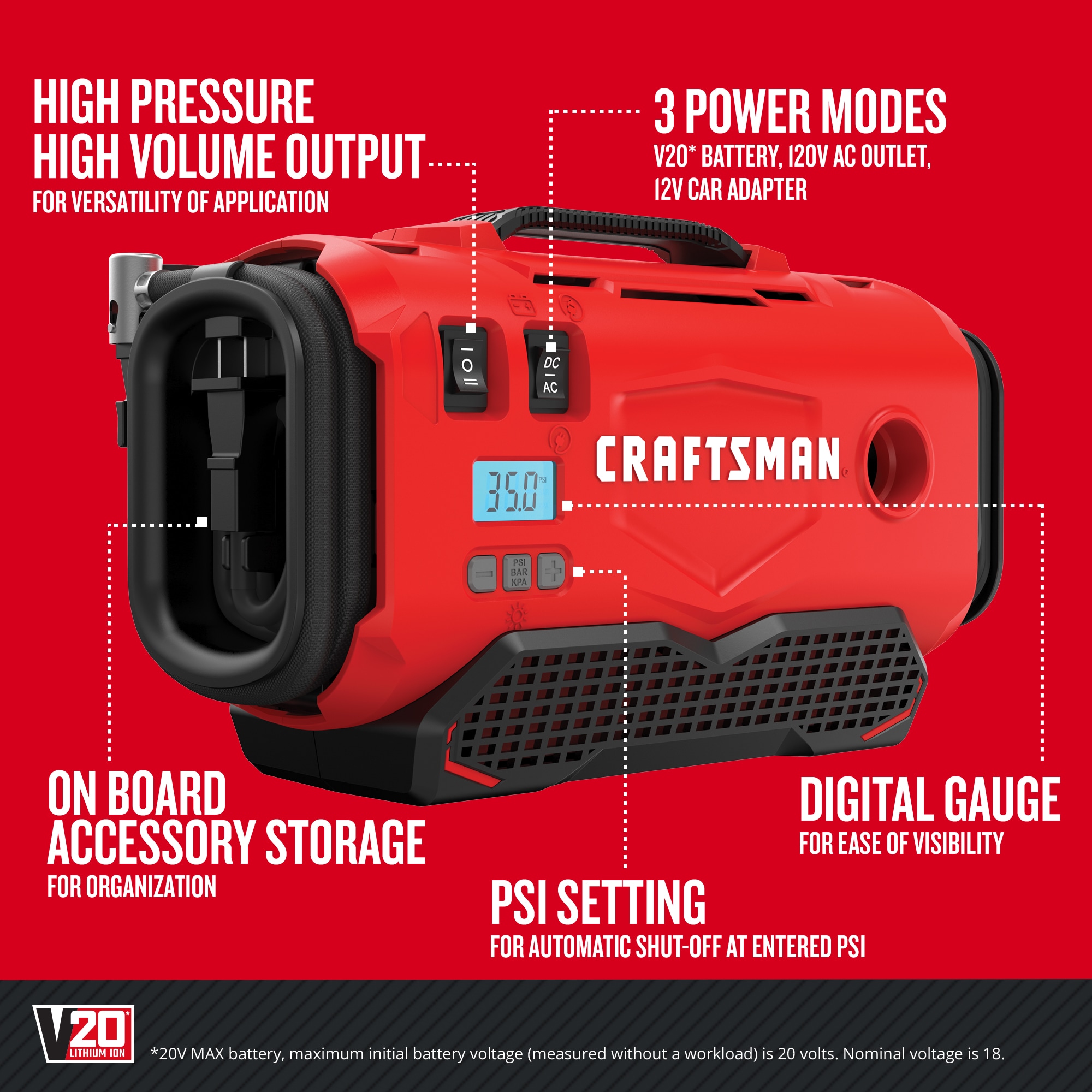 Inflador de aire de iones de litio de 20 voltios de CRAFTSMAN V20 (Fuente de energía: Batería/Carro/Eléctrica) CMCE520B.