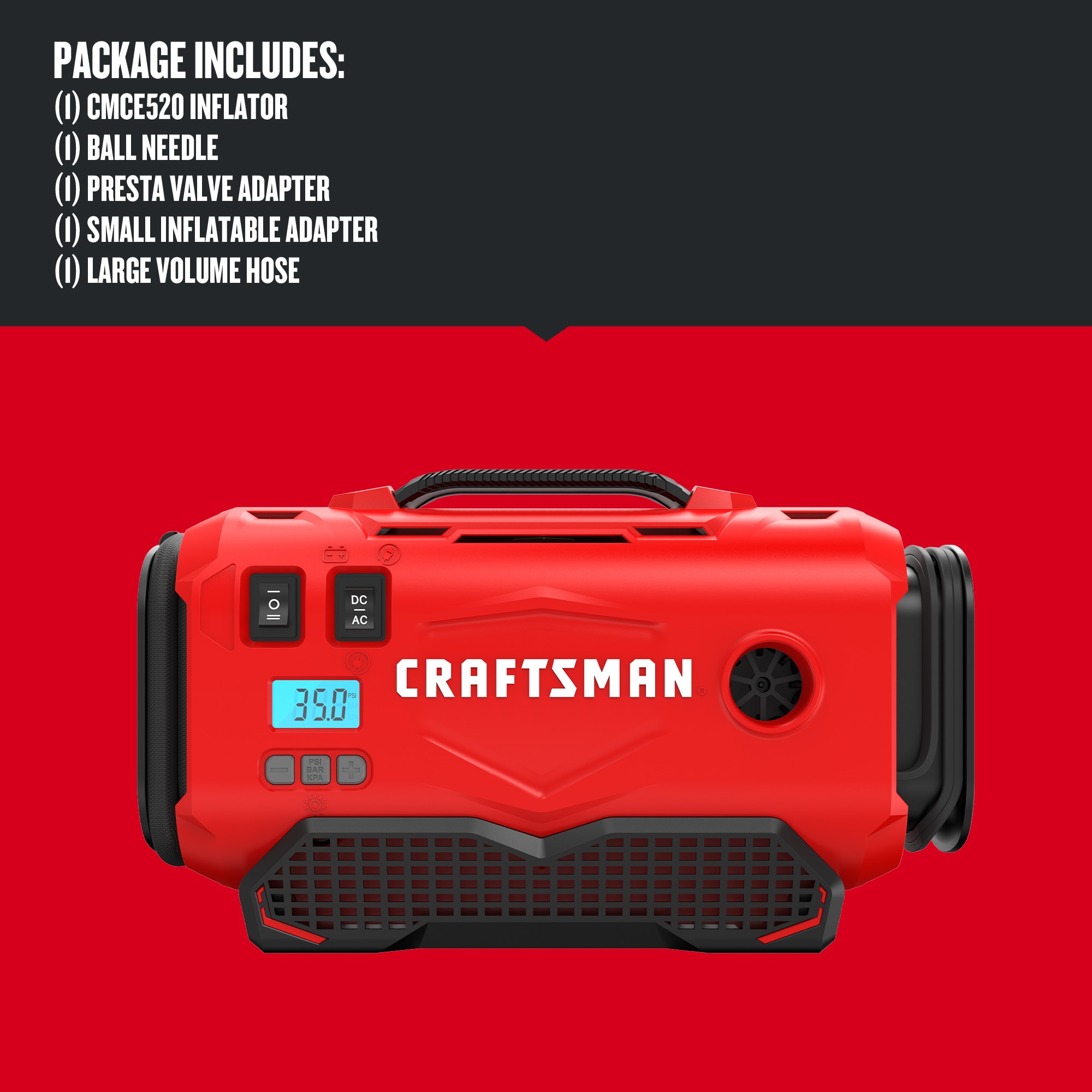 Inflador de aire de iones de litio de 20 voltios de CRAFTSMAN V20 (Fuente de energía: Batería/Carro/Eléctrica) CMCE520B.