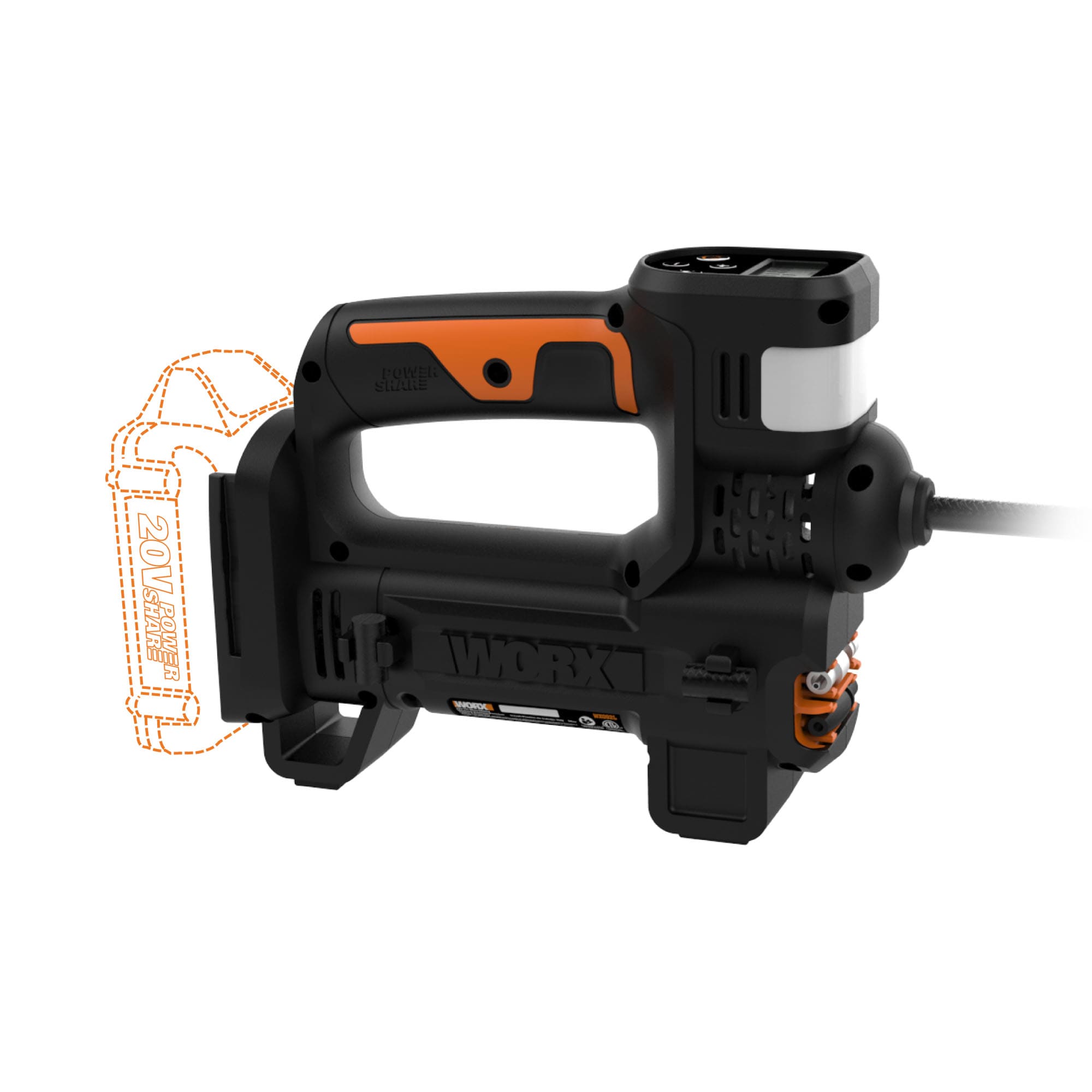 Inflador de aire de iones de litio de 20 voltios Power Share de WORX (Fuente de alimentación: Batería) WX092L.9