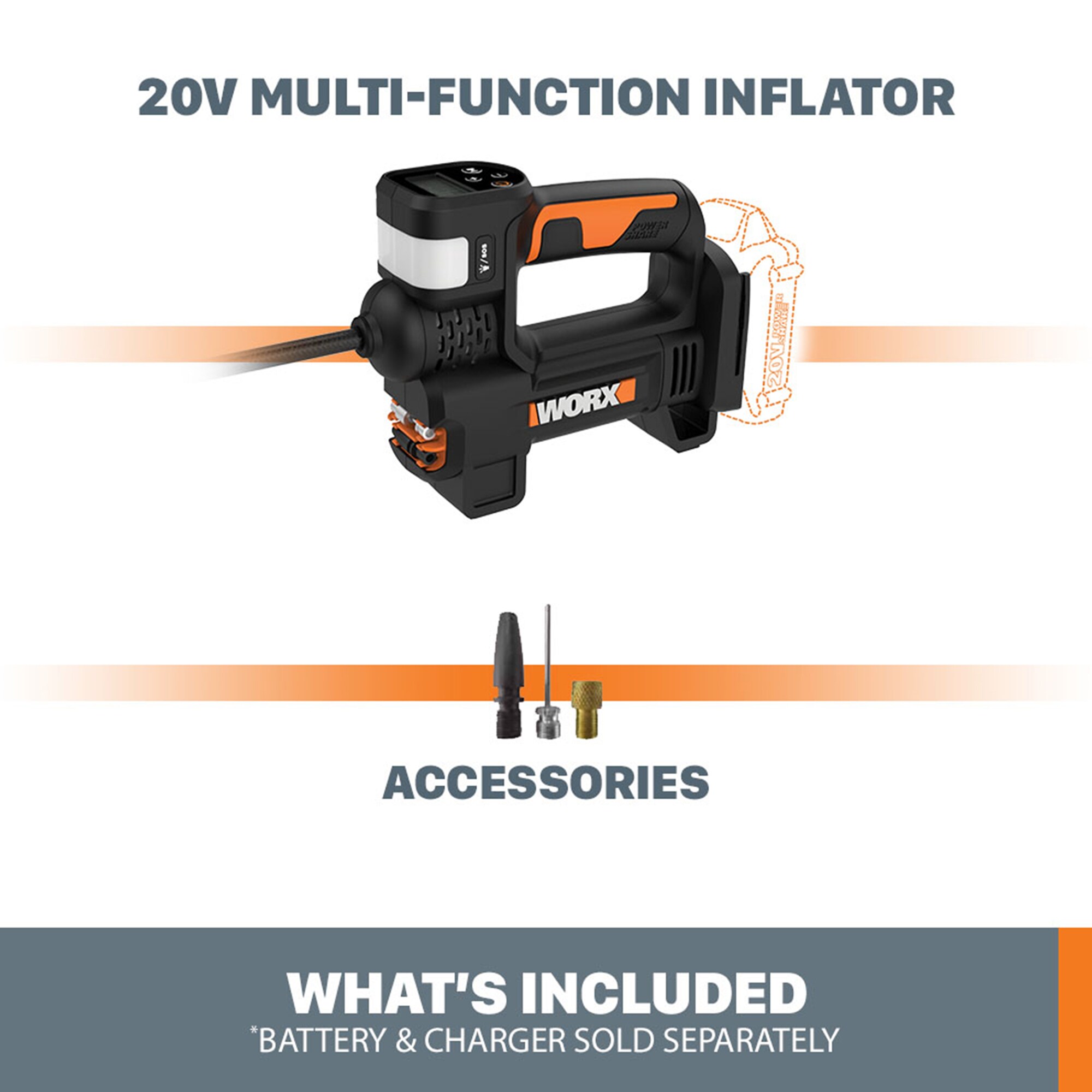 Inflador de aire de iones de litio de 20 voltios Power Share de WORX (Fuente de alimentación: Batería) WX092L.9