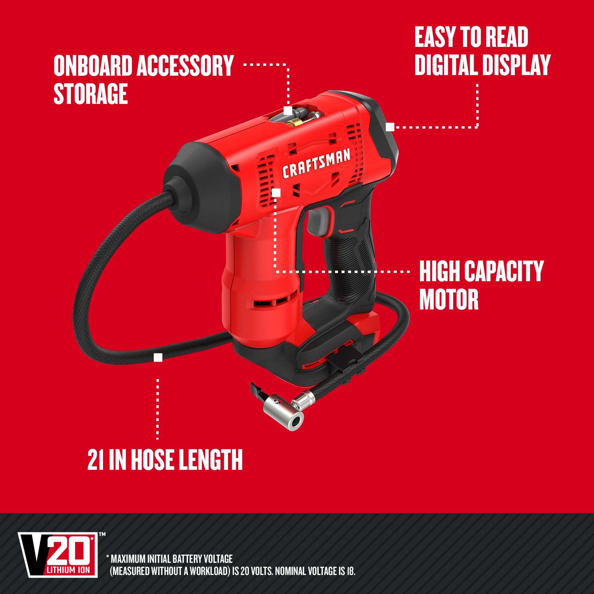 Inflador de aire de iones de litio de 20 voltios CRAFTSMAN V20 (Fuente de energía: Batería) CMCE521B