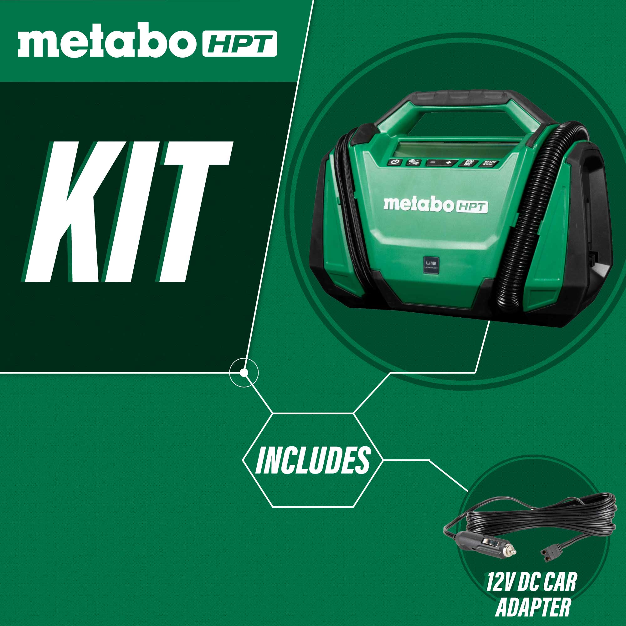 Inflador de aire de iones de litio MultiVolt de 18 voltios de Metabo HPT (Fuente de energía: Batería/Auto/Eléctrica) UP18DAQ4M