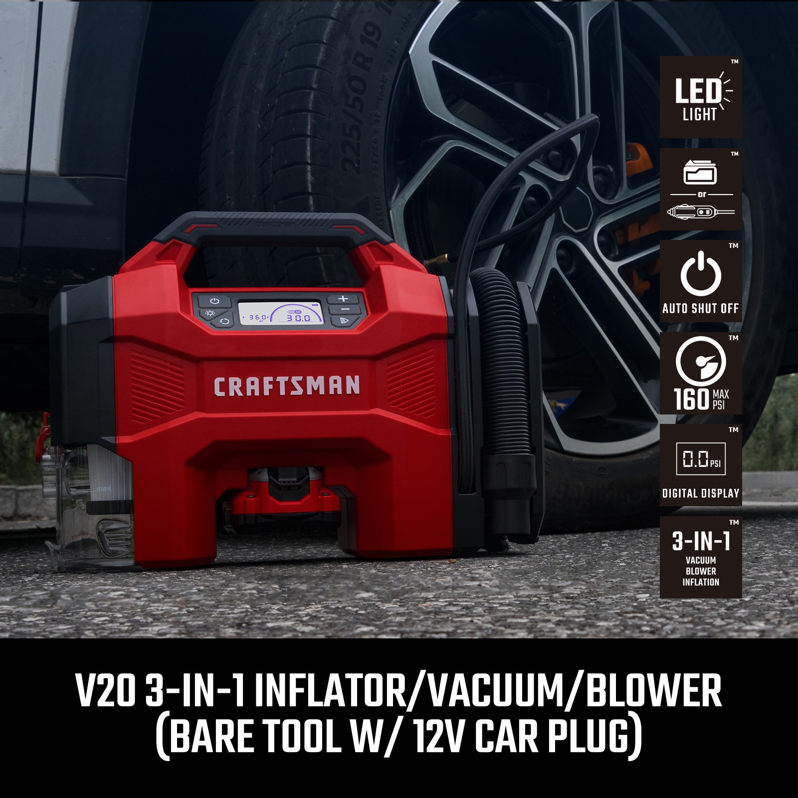 Inflador inalámbrico Craftsman de 20 voltios de ion de litio (Fuente de energía: Batería/Coche/Eléctrica)