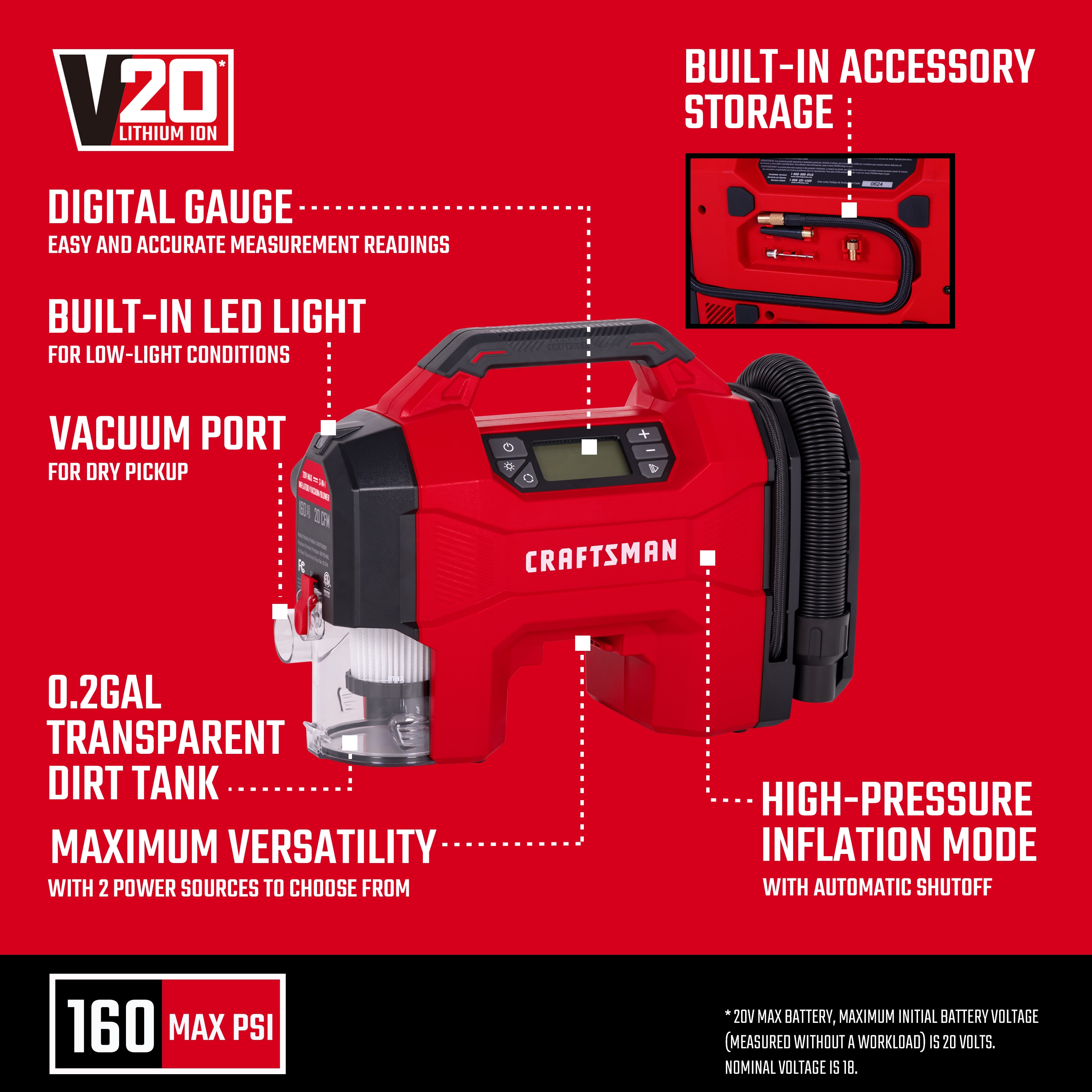 Inflador inalámbrico Craftsman de 20 voltios de ion de litio (Fuente de energía: Batería/Coche/Eléctrica)