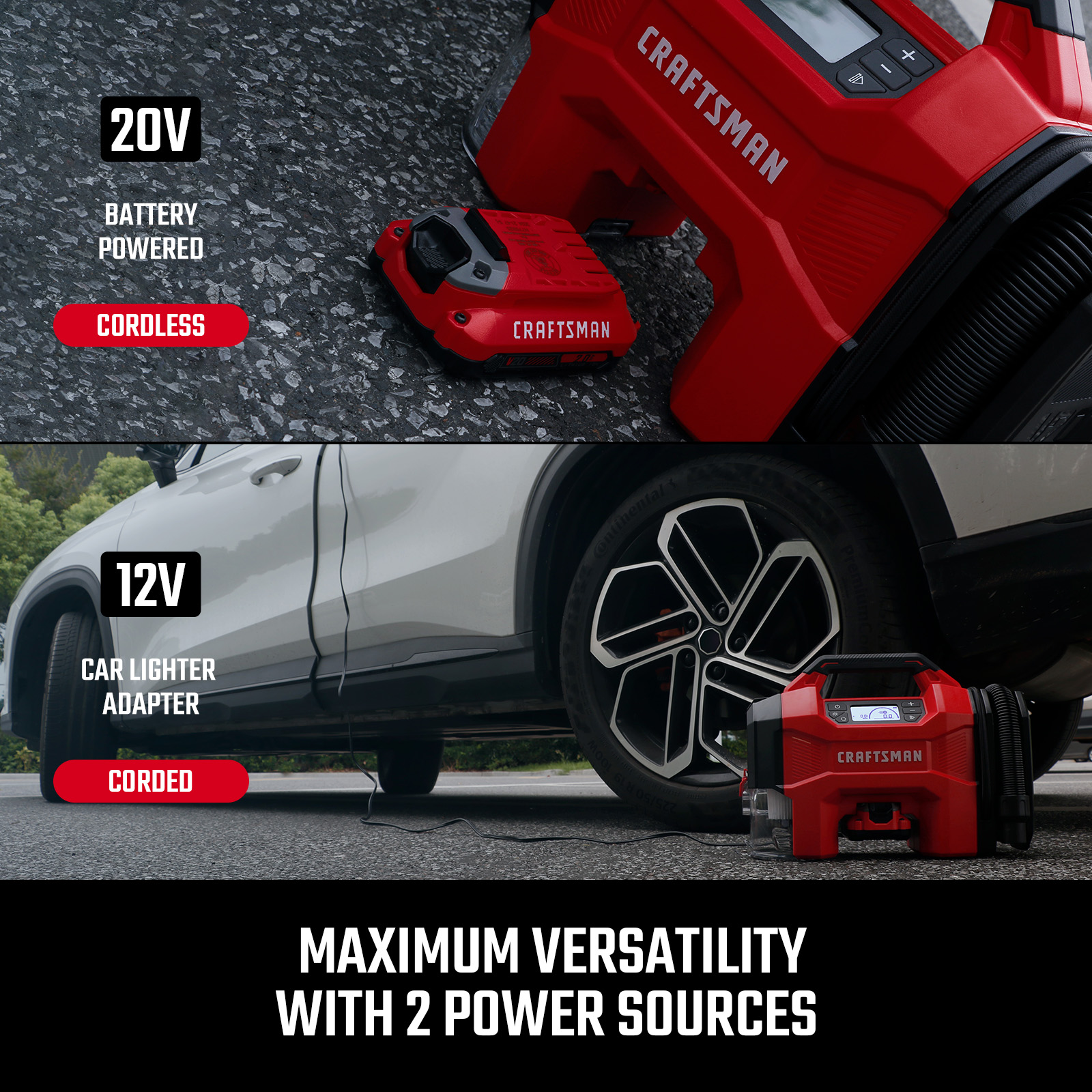 Inflador inalámbrico Craftsman de 20 voltios de ion de litio (Fuente de energía: Batería/Coche/Eléctrica)