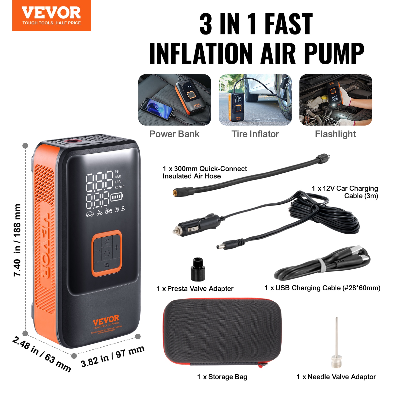 Inflador de llantas VEVOR, compresor de aire, 12000 mAh, inflador de aire de doble cilindro de 11.1 voltios (Fuente de energía: Batería) CDSLTCQJ3400VJOS6V9