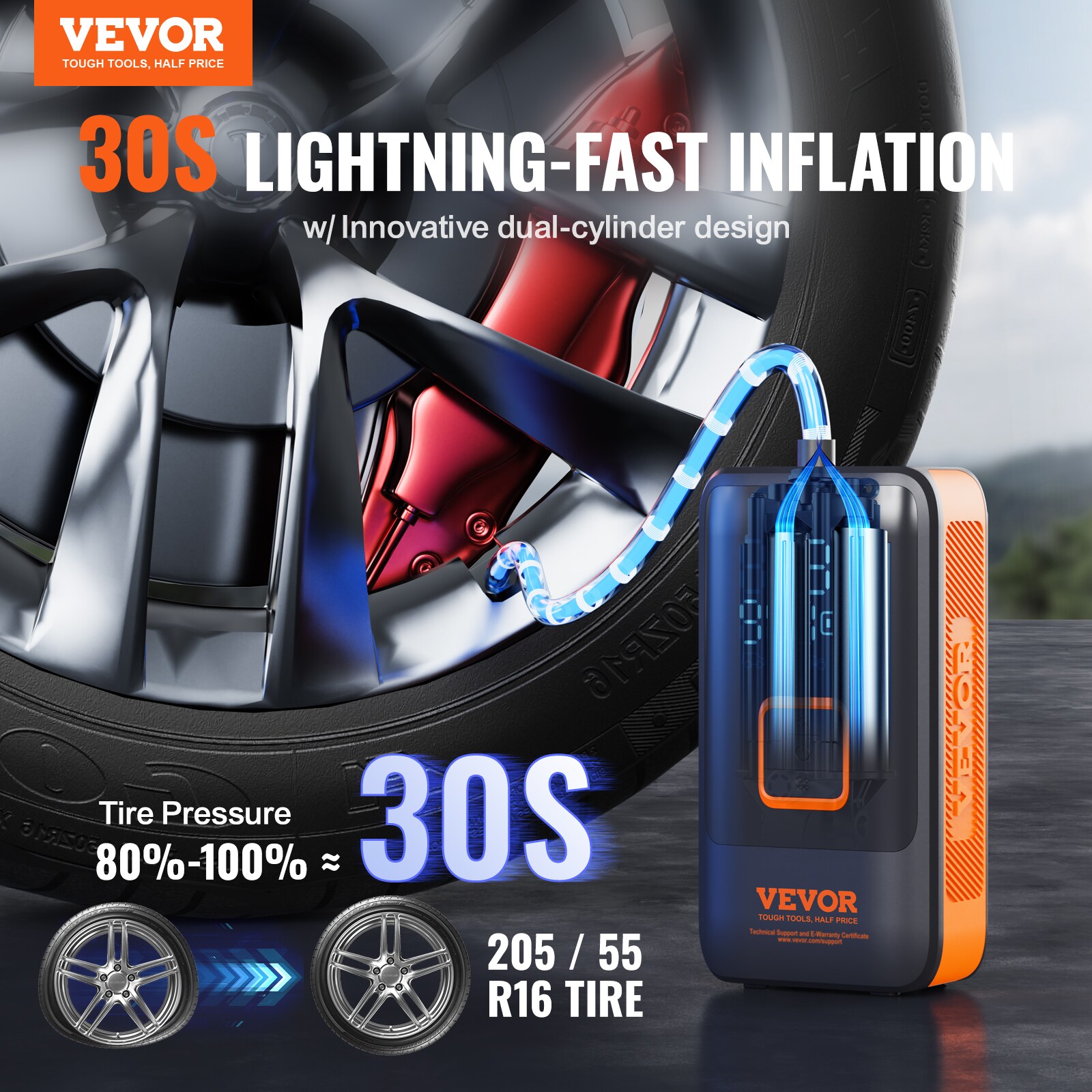 Inflador de llantas VEVOR, compresor de aire, 12000 mAh, inflador de aire de doble cilindro de 11.1 voltios (Fuente de energía: Batería) CDSLTCQJ3400VJOS6V9