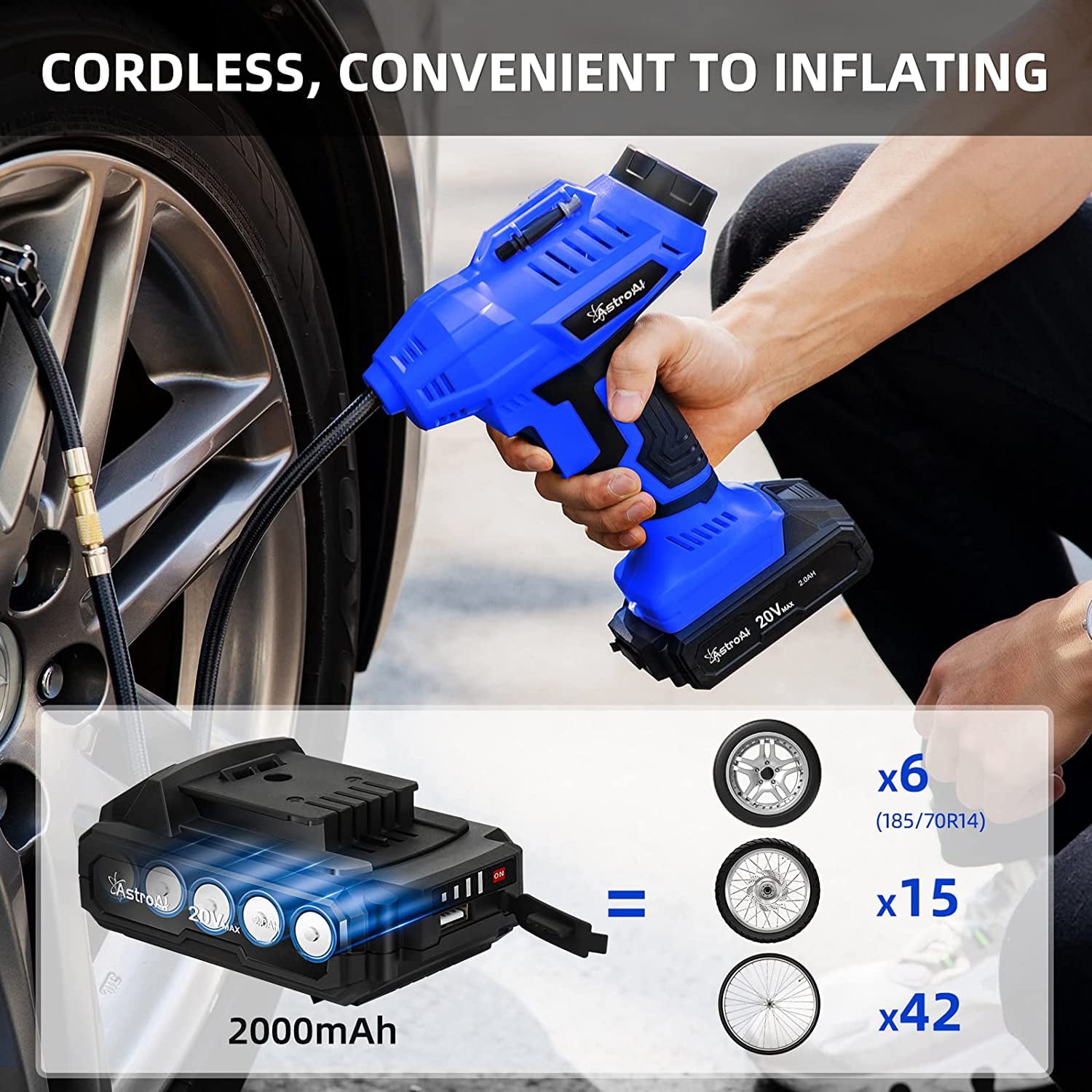 Inflador de aire de iones de litio de 18 voltios AstroAI JY16P160 (Fuente de energía: Batería/Auto/Eléctrica)