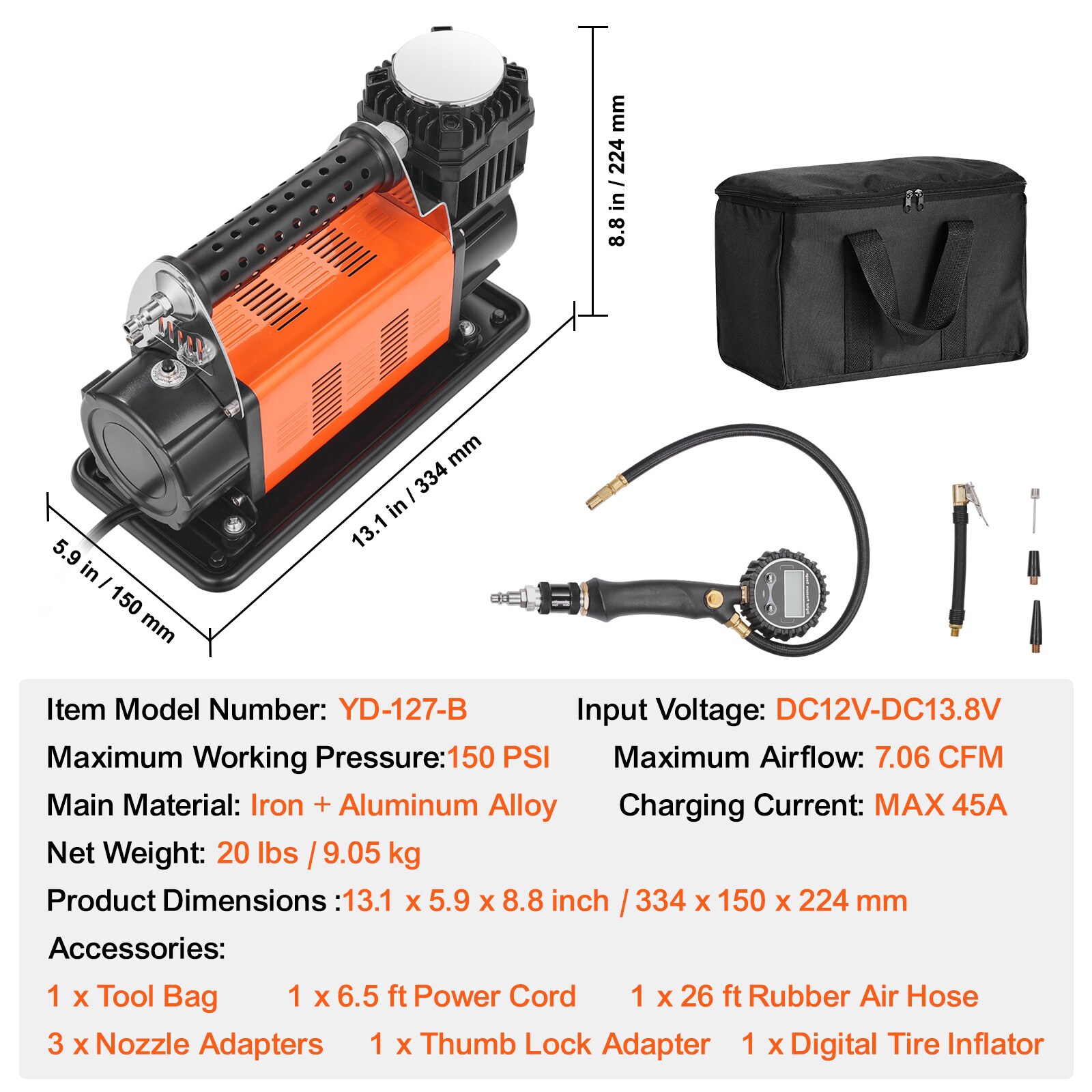 Inflador de llantas VEVOR 7.06CFM 150PSI (Fuente de energía: Eléctrica)