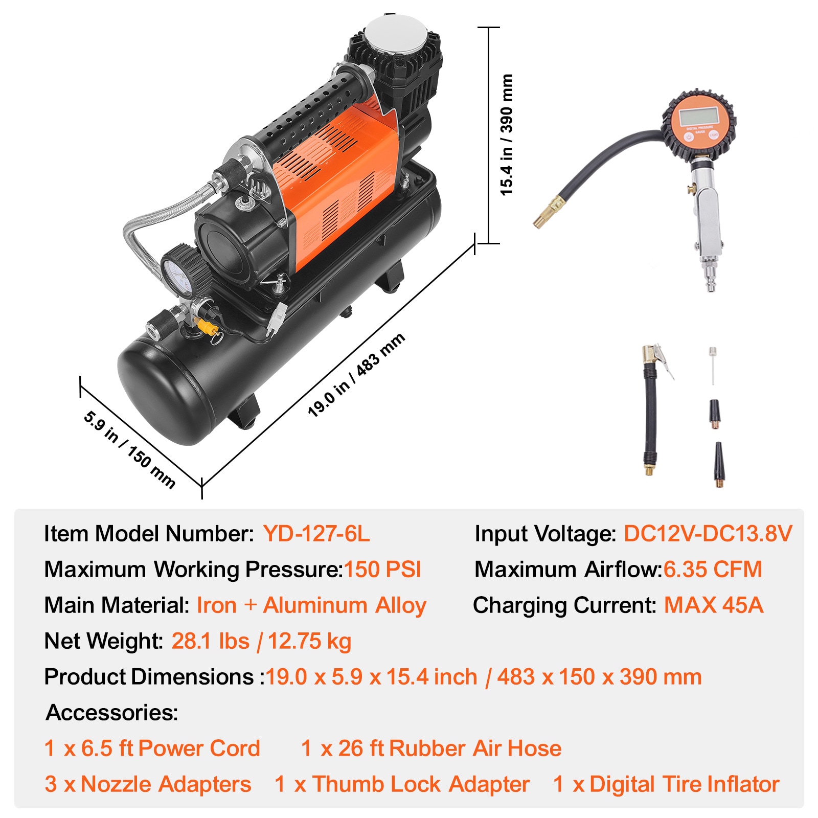Inflador de Neumáticos 150PSI con tanque de aire de 6.35CFM (Fuente de energía: Eléctrica)