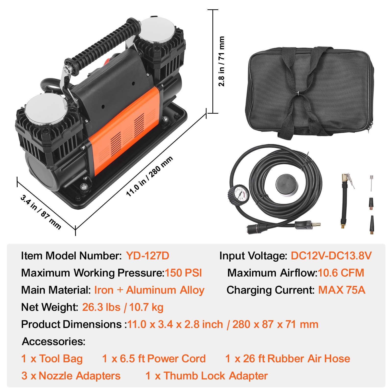 Inflador de neumáticos VEVOR 10.6CFM 150PSI (Fuente de energía: eléctrica)