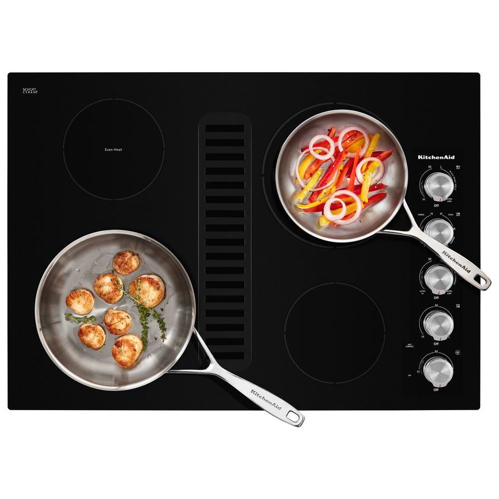 Estufa Eléctrica Negra con Superficie Lisa de 4 quemadores de 30 pulgadas con Extractor de Aire Descendente KCED600GBL de KitchenAid