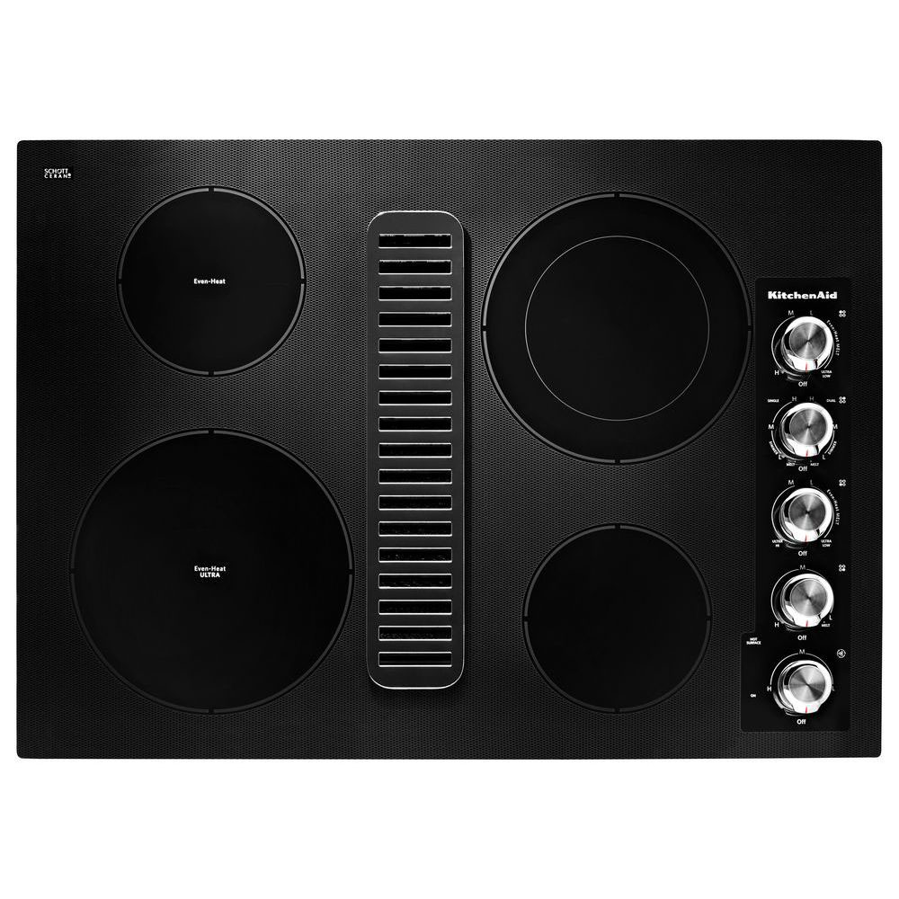 Estufa Eléctrica Negra con Superficie Lisa de 4 quemadores de 30 pulgadas con Extractor de Aire Descendente KCED600GBL de KitchenAid