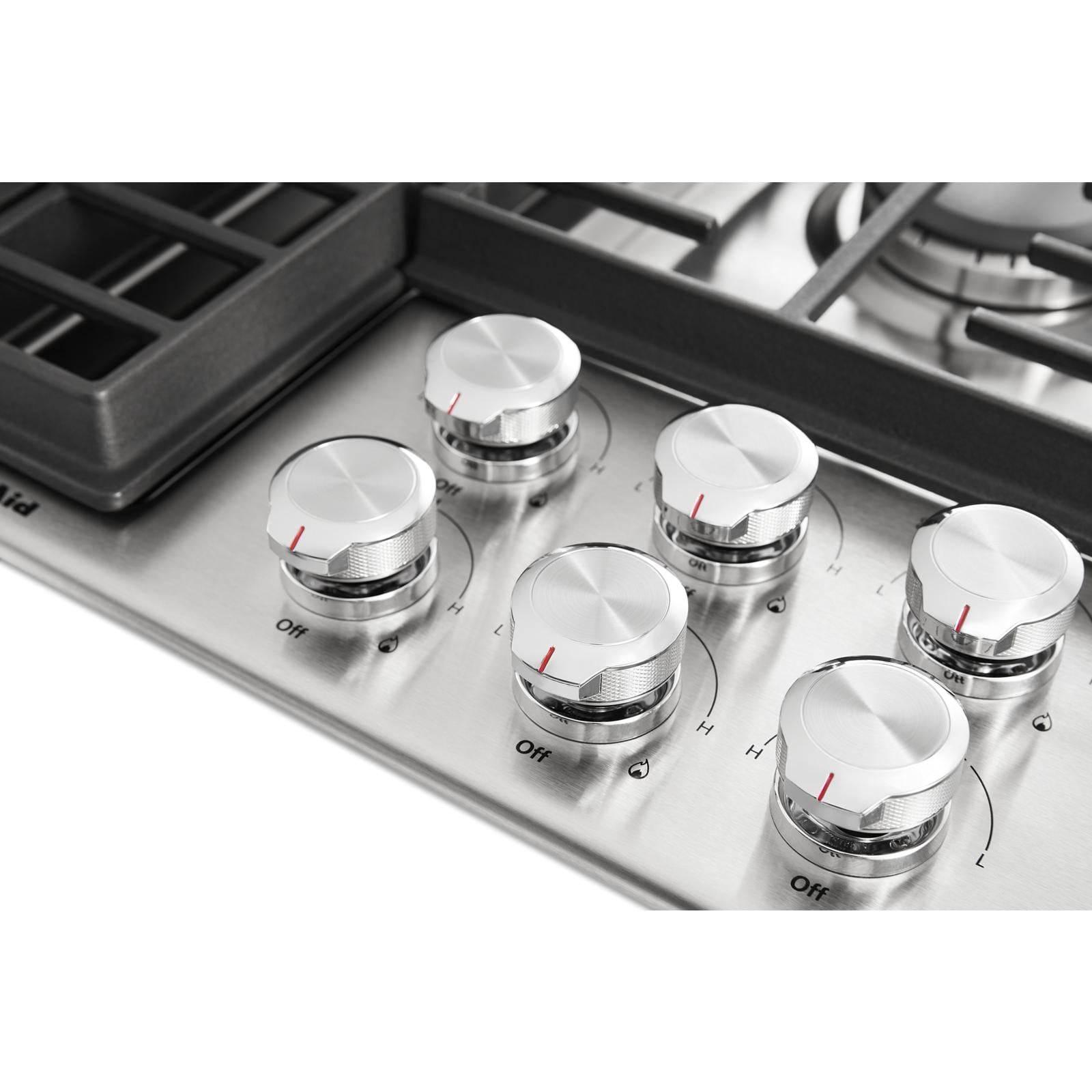 Parrilla de gas de acero inoxidable de 36 pulgadas con 5 quemadores y extractor descendente de KitchenAid KCGD506GSS.