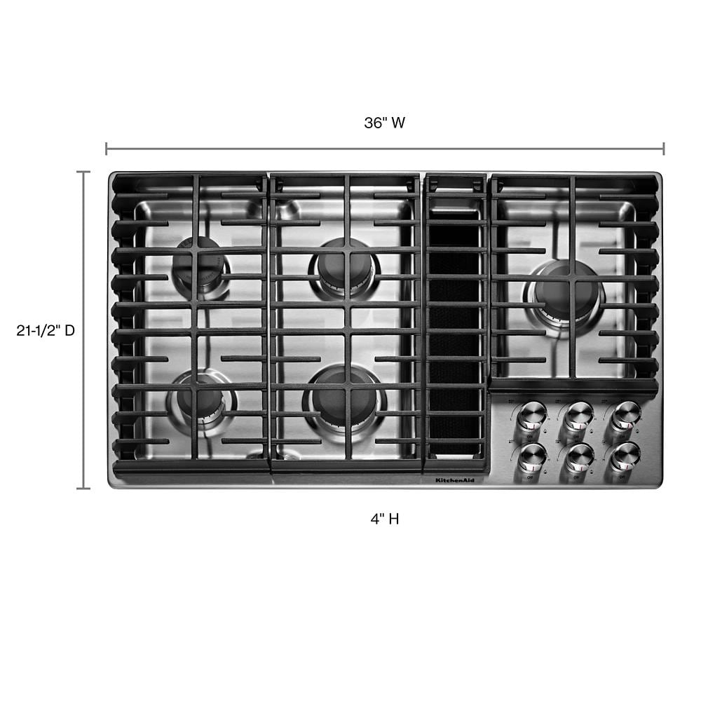 Parrilla de gas de acero inoxidable de 36 pulgadas con 5 quemadores y extractor descendente de KitchenAid KCGD506GSS.