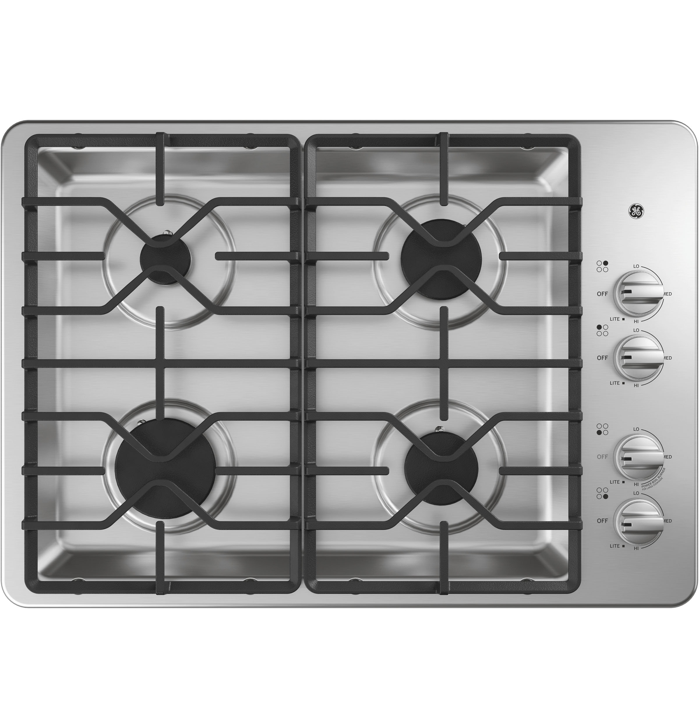 Estufa de gas de acero inoxidable con 4 quemadores de 30 pulgadas de GE JGP3030SLSS