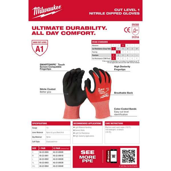 Guantes Milwaukee Tool con recubrimiento de nitrilo de nivel de corte 1 - 2X-Grande (12 pares), Nivel de corte A4, 13 ga, Rojos, 2XL - 48-22-8904B.