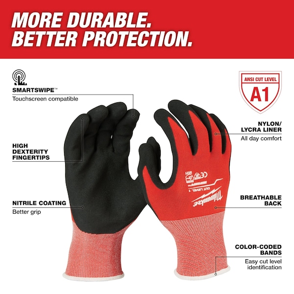 Guantes Milwaukee Tool con recubrimiento de nitrilo de nivel de corte 1 - 2X-Grande (12 pares), Nivel de corte A4, 13 ga, Rojos, 2XL - 48-22-8904B.