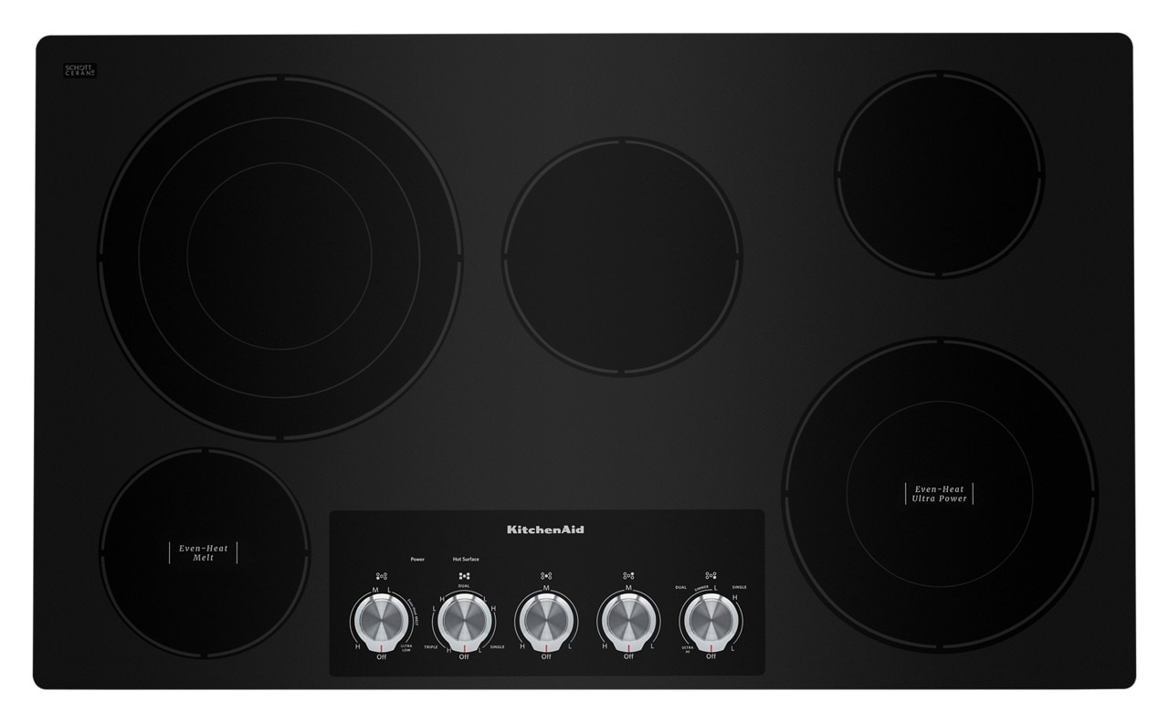 Plancha eléctrica KitchenAid de 36 pulgadas con 5 quemadores y superficie lisa (radiante) en negro KCES556HBL
