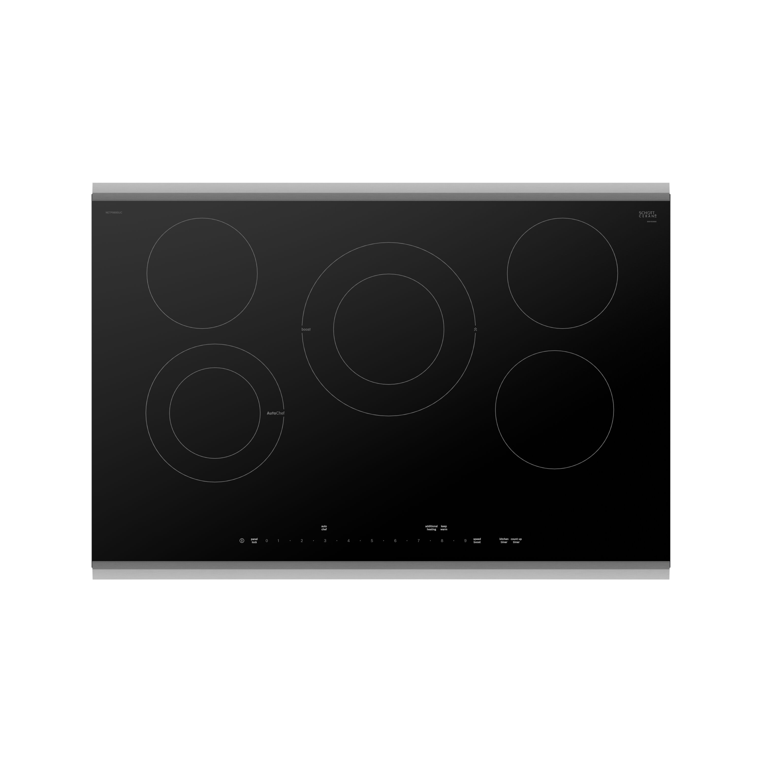 Superficie lisa (Radiante) de 5 quemadores de 30 pulgadas de la serie Bosch Benchmark en negro Cooktop eléctrico NETP069SUC
