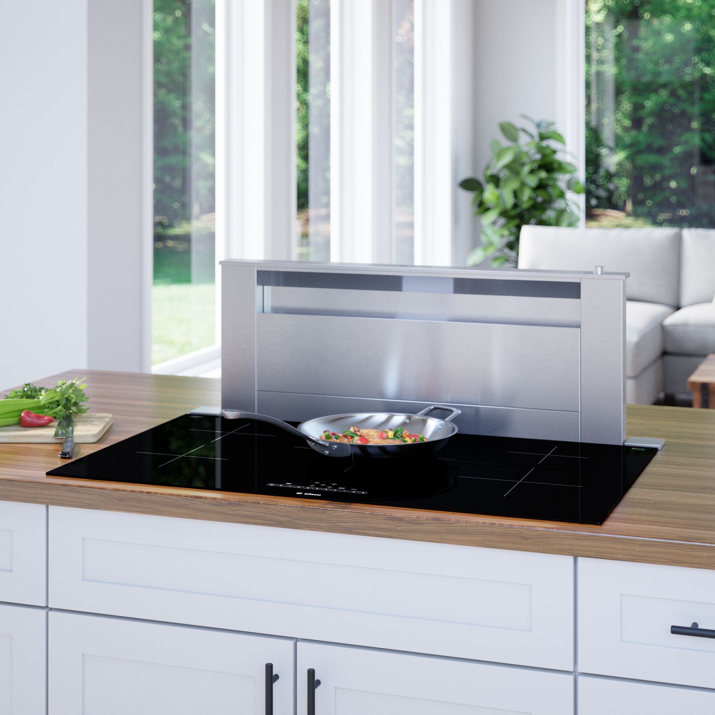 Parrilla de inducción Bosch Serie 500 de 36 pulgadas con 5 quemadores en color negro NIT5660UC.