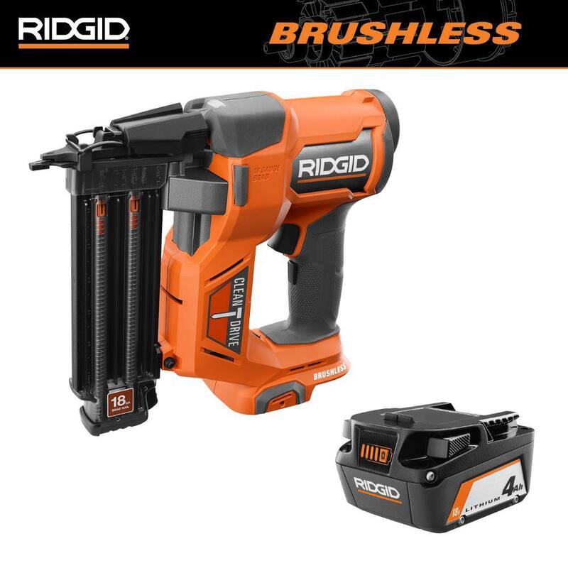Grapadora de clavos inalámbrica RIDGID 18V Brushless de calibre 18 de 2-1/8 pulgadas con batería de iones de litio de 4.0 Ah - R09891B-AC87004