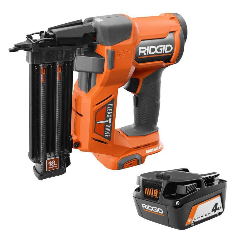 Grapadora de clavos inalámbrica RIDGID 18V Brushless de calibre 18 de 2-1/8 pulgadas con batería de iones de litio de 4.0 Ah - R09891B-AC87004