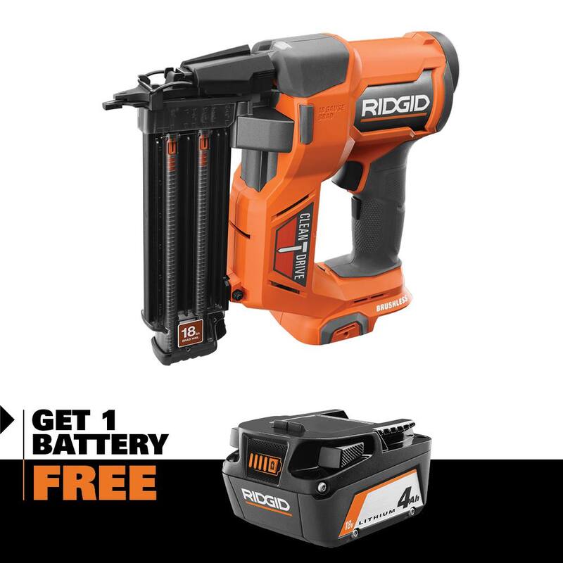 Grapadora de clavos inalámbrica RIDGID 18V Brushless de calibre 18 de 2-1/8 pulgadas con batería de iones de litio de 4.0 Ah - R09891B-AC87004