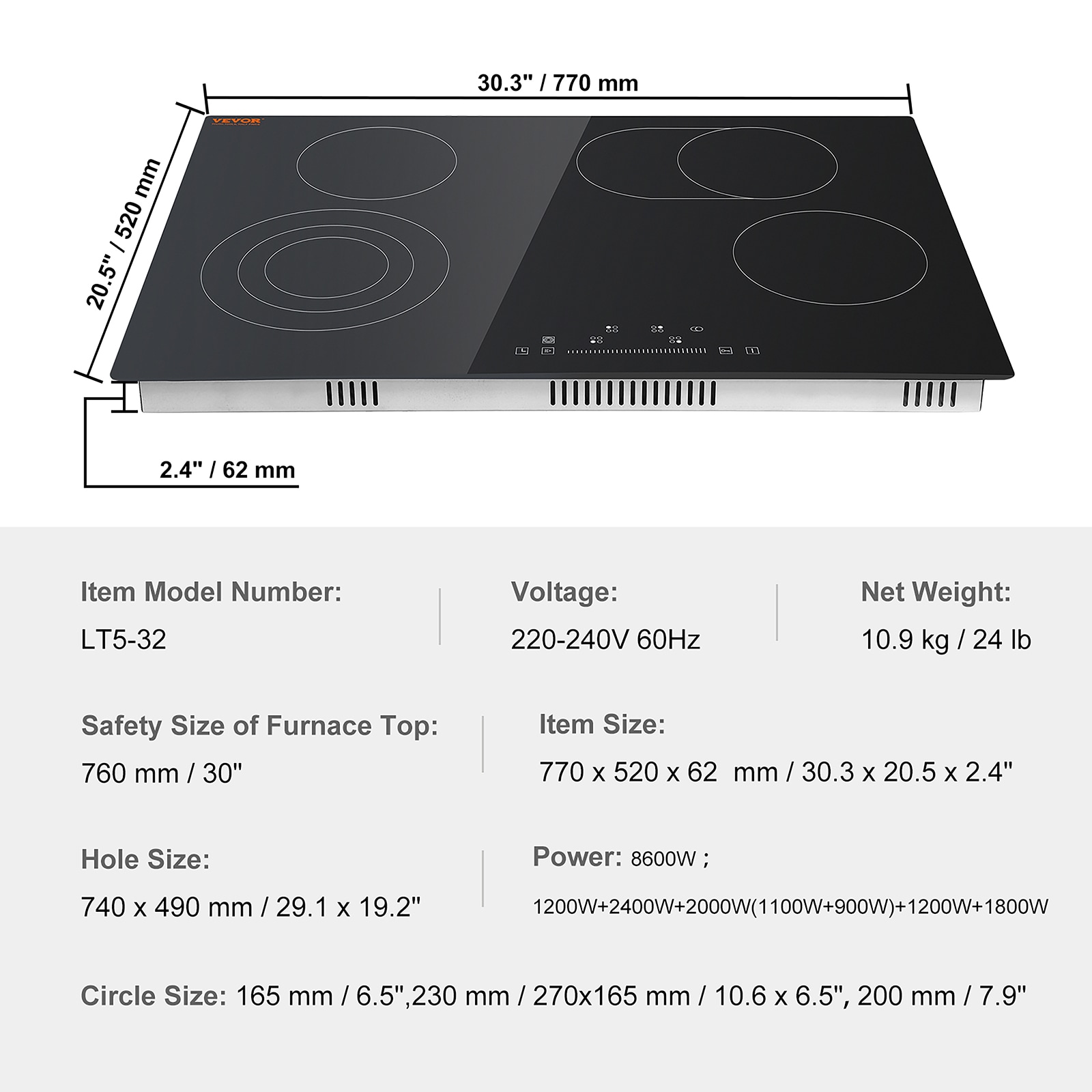 Estufa de Cerámica Empotrada VEVOR 8600W de 30 pulgadas con 5 Quemadores Superficie Suave (Radiante) Negra Placa Eléctrica QRSDTLY30220VN7WTV4