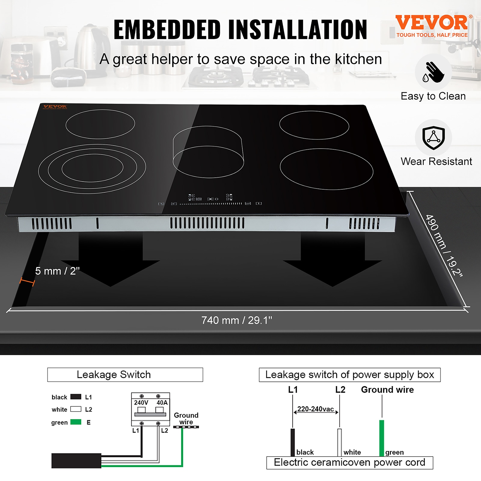 Estufa de Cerámica Empotrada VEVOR 8600W de 30 pulgadas con 5 Quemadores Superficie Suave (Radiante) Negra Placa Eléctrica QRSDTLY30220VN7WTV4