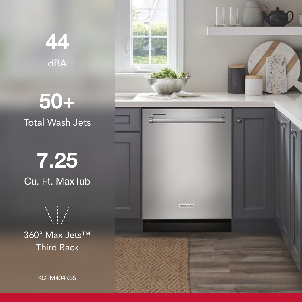 Lavavajillas Empotrado Top Control de 24 pulgadas de la Serie Ecológica 360 MAX JETS de KitchenAid con Tercer Riel (Acero Inoxidable con Acabado PRINTSHIELD), Nivel de Sonido Muy Silencioso de 44 Decibeles KDTM404KPS