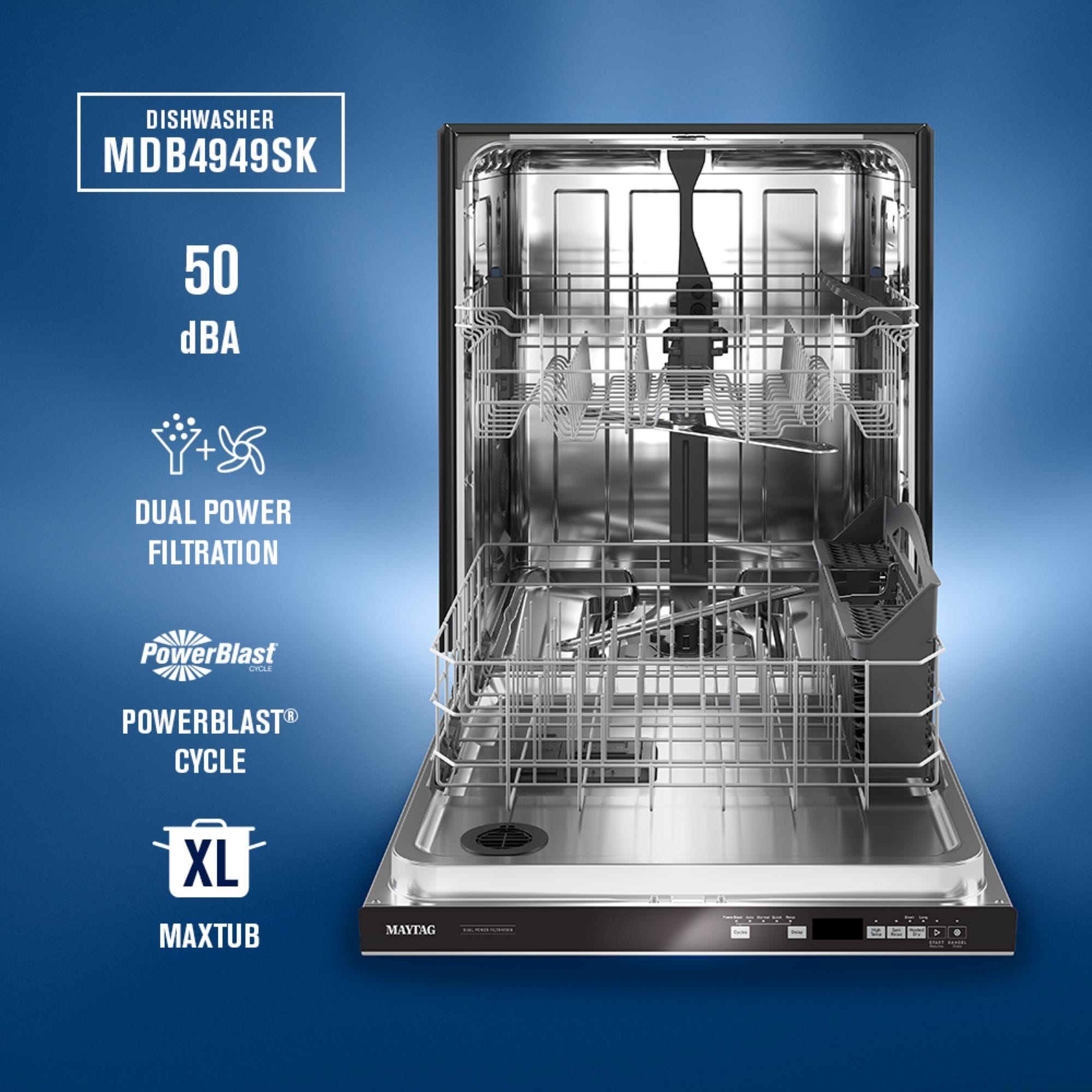 Lavavajillas Empotrable de 24 pulgadas con Doble Filtrado de Energía Maytag (Acero Inoxidable Resistente a las Huellas Dactilares), Nivel de Ruido Muy Silencioso de 50 Decibeles MDB4949SKZ.