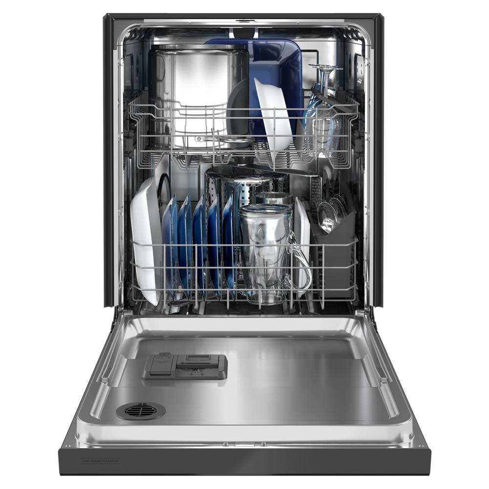Lavavajillas empotrable de control frontal de 24 pulgadas con doble filtración de potencia Maytag (Negro), nivel de sonido muy silencioso de 50 decibeles MDB4949SKB.