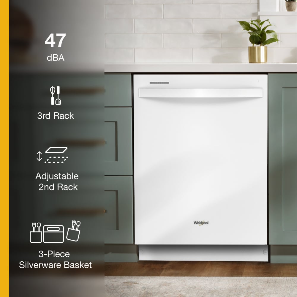 Lavavajillas Empotrable de Gran Capacidad de la Serie Eco de Whirlpool con Tercera Bandeja (Blanco), Control Superior de 24 pulgadas, Nivel de Ruido Muy Silencioso de 47 decibeles WDT750SAKW
