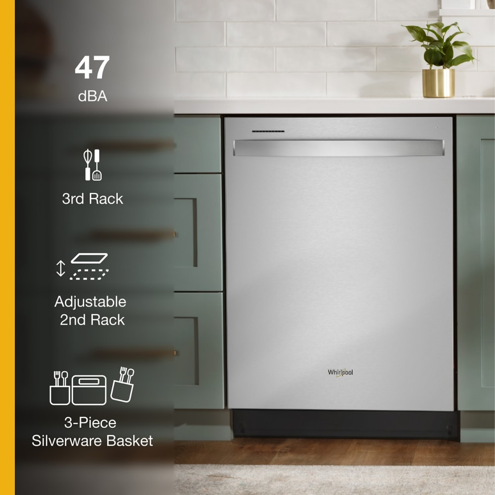 Lavavajillas Empotrado de Gran Capacidad Serie Eco de Whirlpool con Tercer Riel (Acero Inoxidable Resistente a las Huellas Dactilares), Nivel de Ruido Muy Silencioso de 47 Decibeles, de 24 pulgadas y Control Superior.
