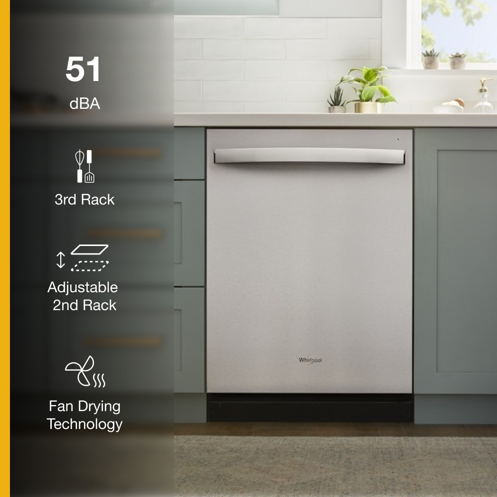 Lavavajillas Incrustado con Tercer Rack en Acero Inoxidable Resistente a Huellas, Serie Ecológica Whirlpool de 24 pulgadas con Control Superior ( Nivel de Sonido Estándar de 51 Decibeles)