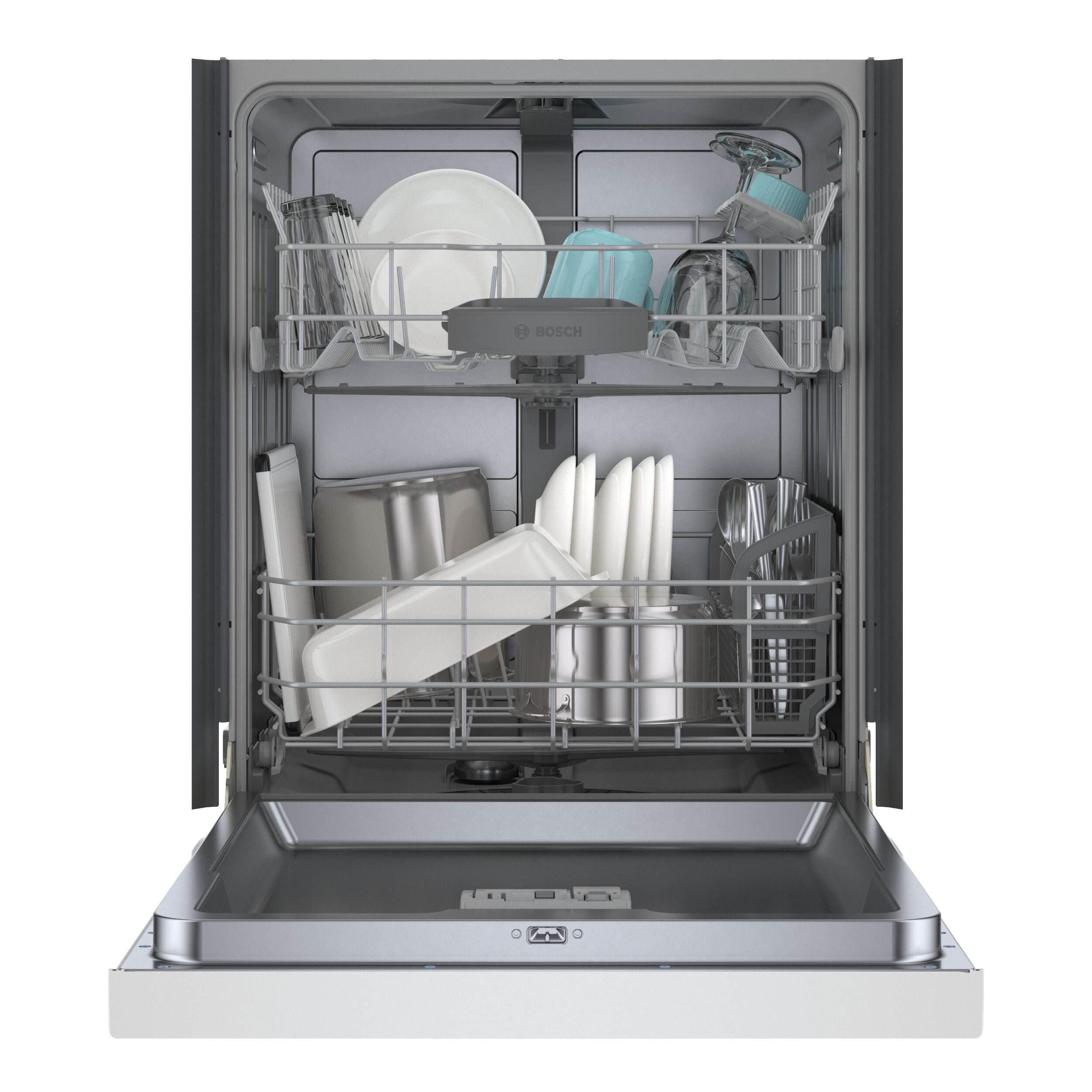 Lavavajillas integrado Bosch Serie 100 de 24 pulgadas con control frontal (blanco), nivel de sonido muy silencioso de 50 decibeles SHE3AEM2N