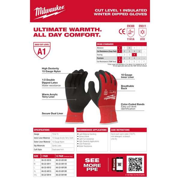 Guantes Milwaukee Tool de invierno aislados con nivel de corte 1 - Tamaño mediano, Nivel de corte A1, Calibre 15, Rojo/Negro, M (8) - 48-22-8911