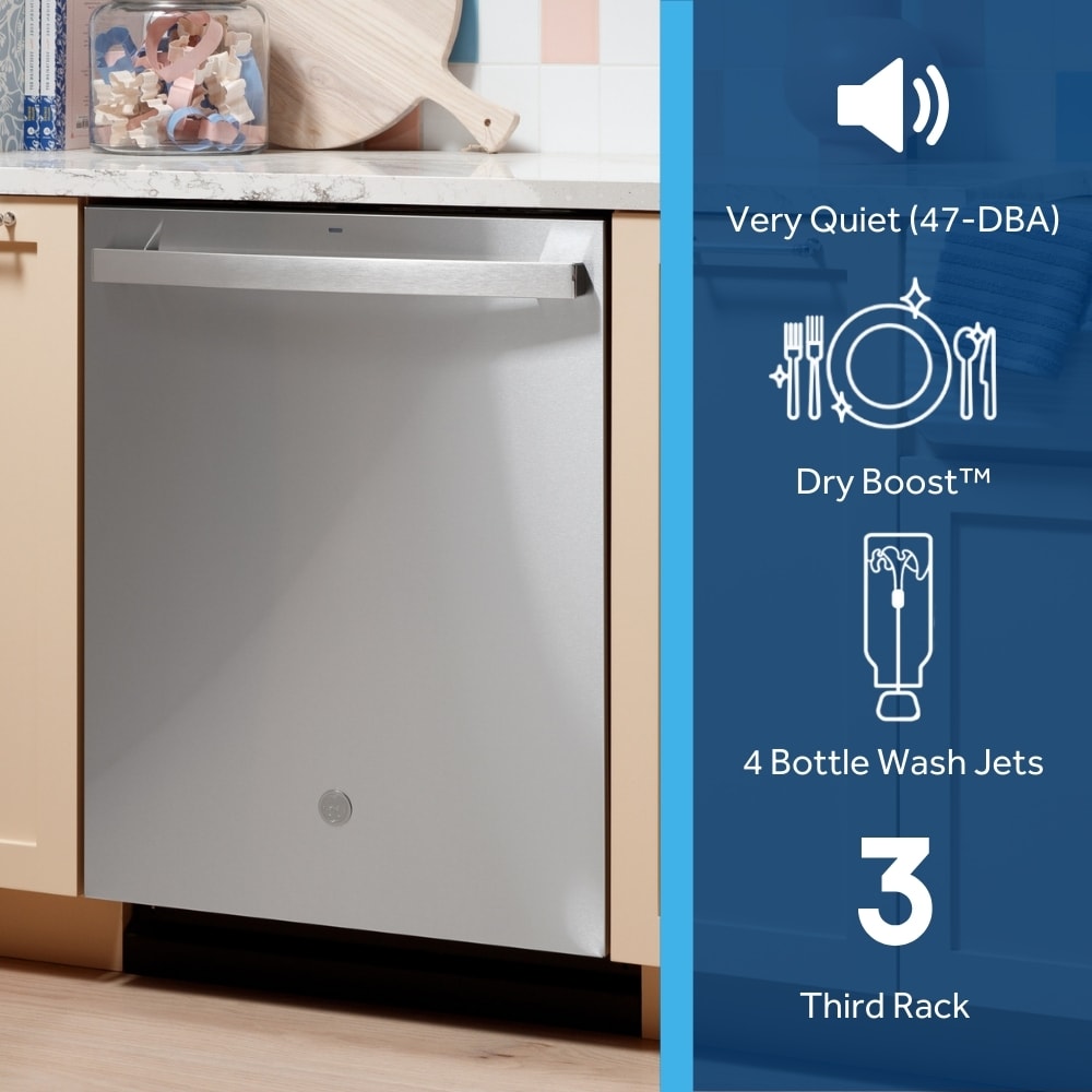 Lavavajillas empotrable de control superior de 24 pulgadas con tecnología Dry Boost y tercera bandeja (acero inoxidable) certificado ENERGY STAR, nivel de sonido muy silencioso de 47 decibeles GDT650SYVFS