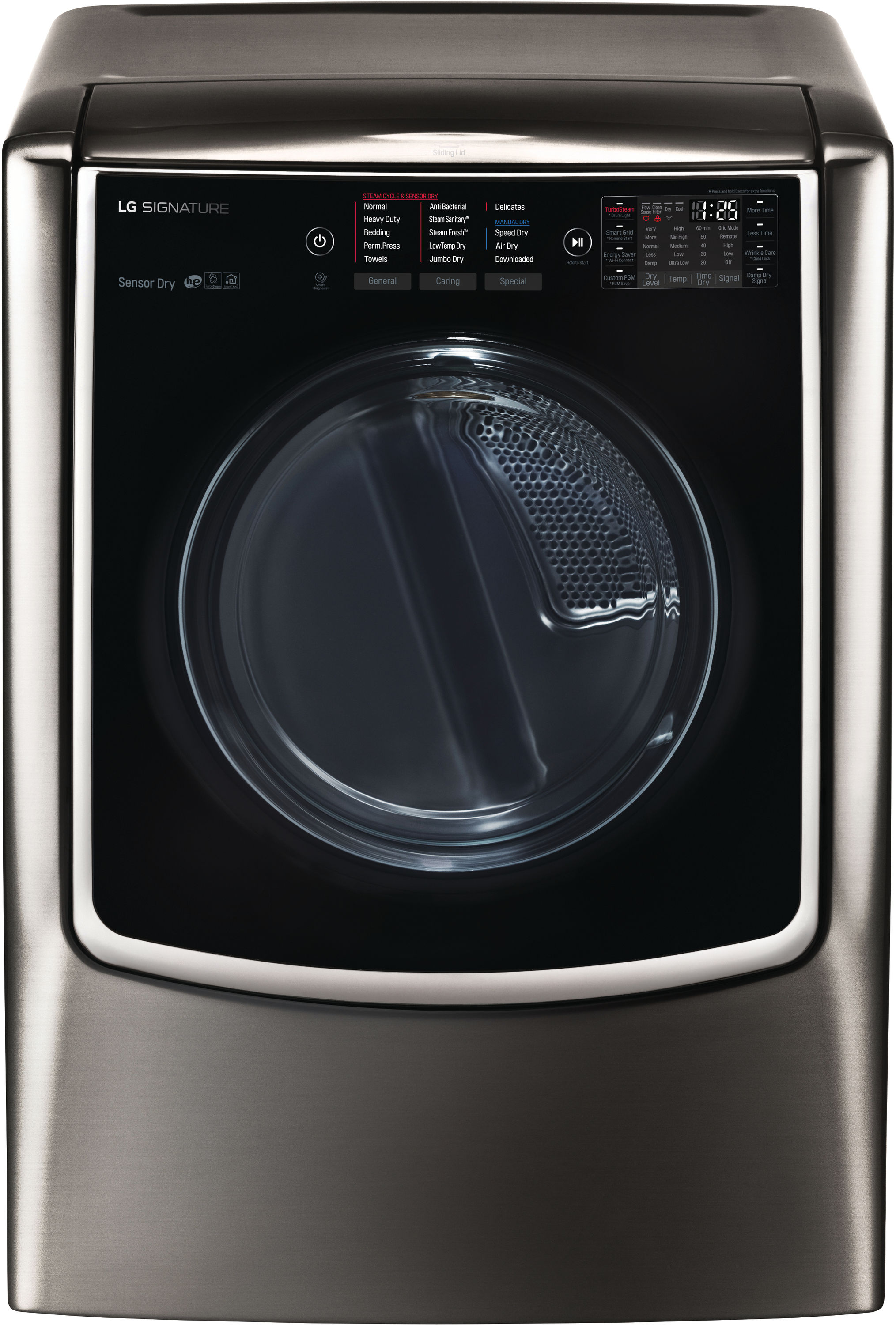 Secadora a gas LG SIGNATURE TurboSteam de 9 pies cúbicos, apilable, con ciclo de vapor y compatible con tecnología inteligente (negro acero inoxidable) DLGX9501K.