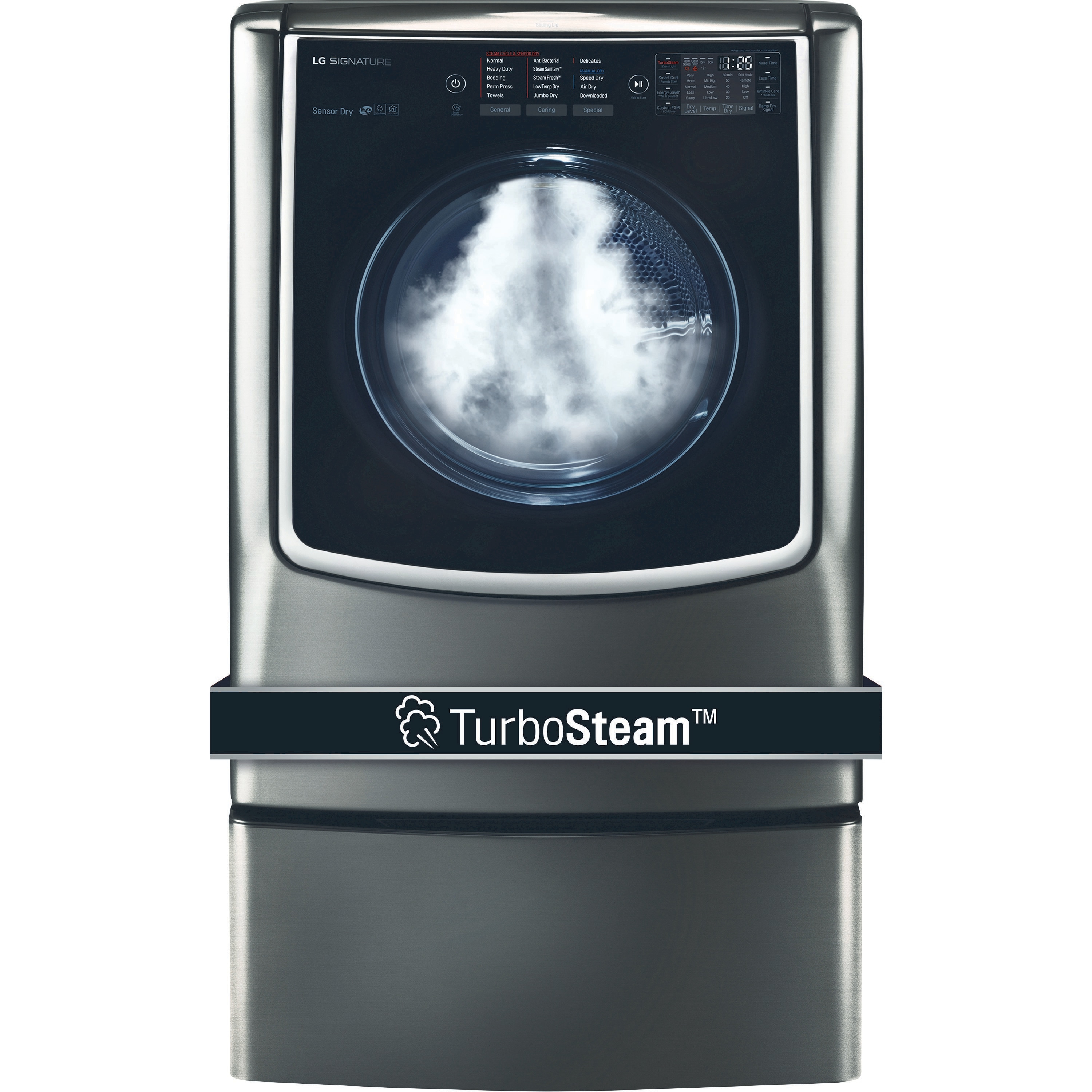 Secadora a gas LG SIGNATURE TurboSteam de 9 pies cúbicos, apilable, con ciclo de vapor y compatible con tecnología inteligente (negro acero inoxidable) DLGX9501K.