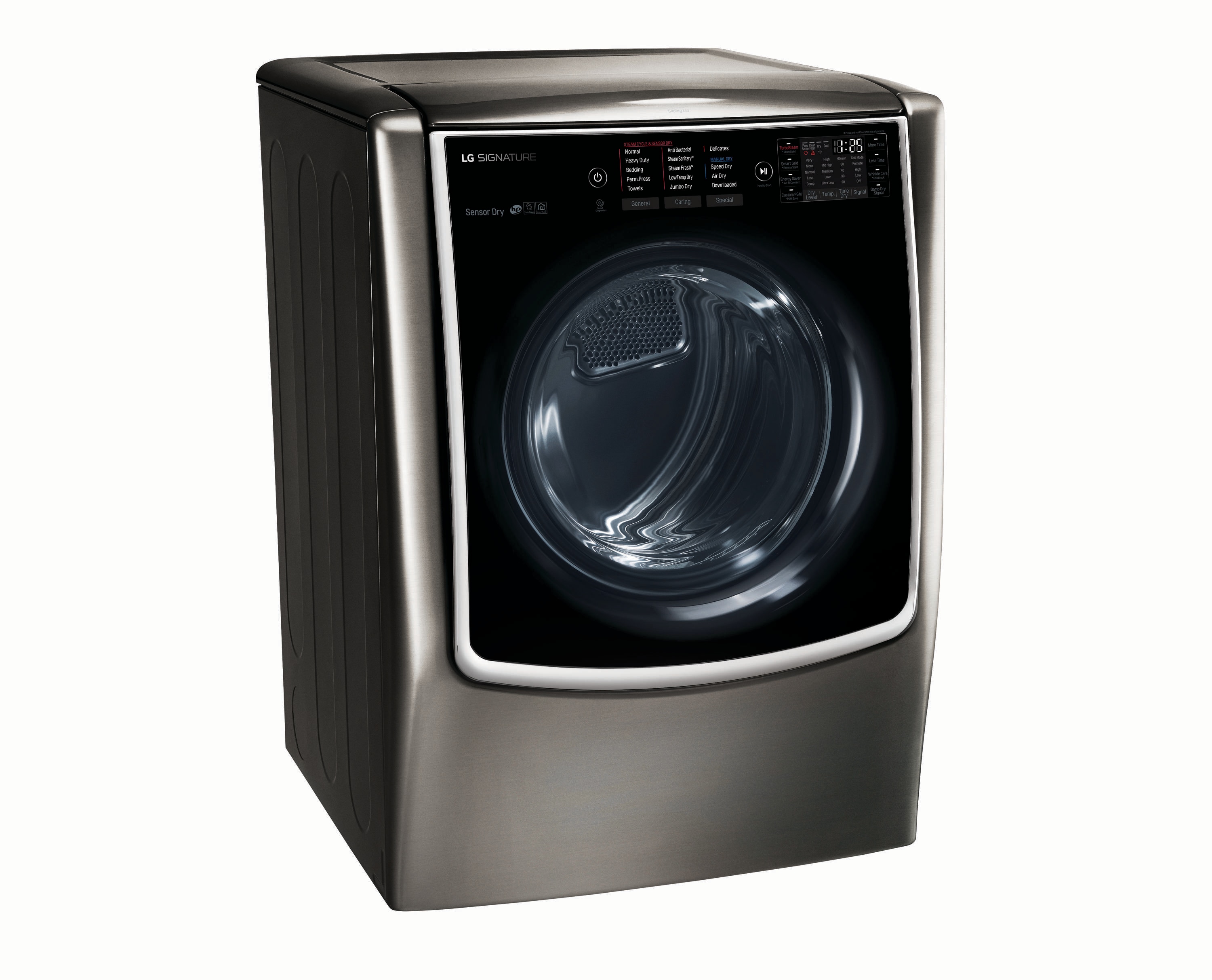 Secadora a gas LG SIGNATURE TurboSteam de 9 pies cúbicos, apilable, con ciclo de vapor y compatible con tecnología inteligente (negro acero inoxidable) DLGX9501K.